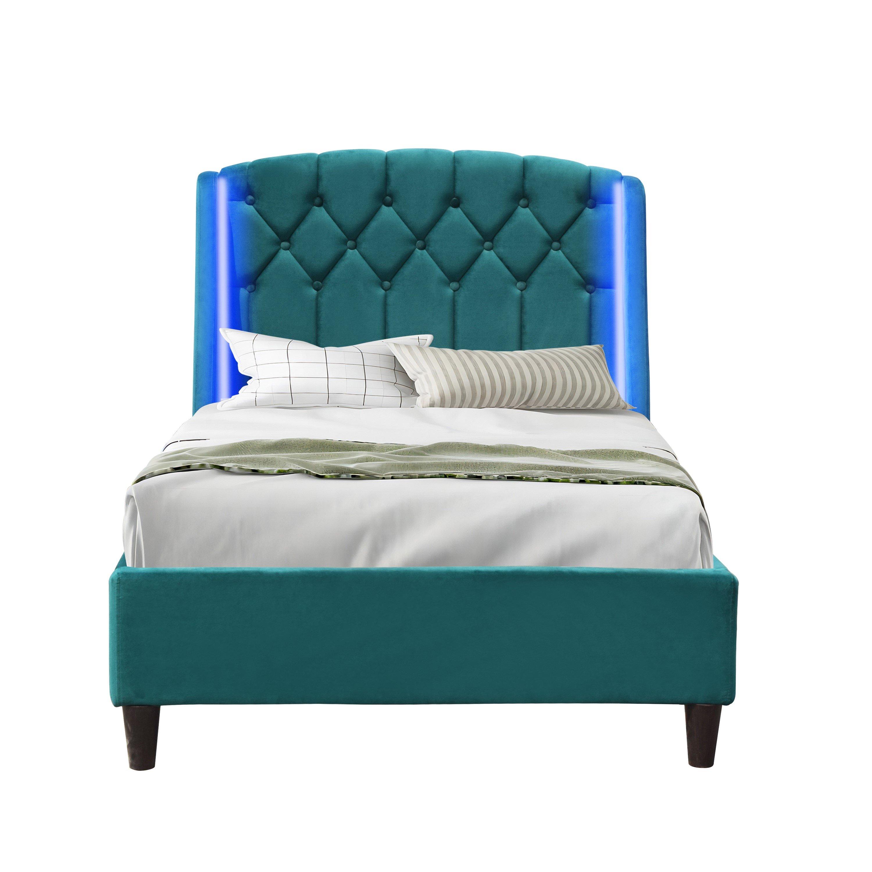 Green - Comfy Living - Diamond Tufted Fabric LED Bed with Mattress - 4