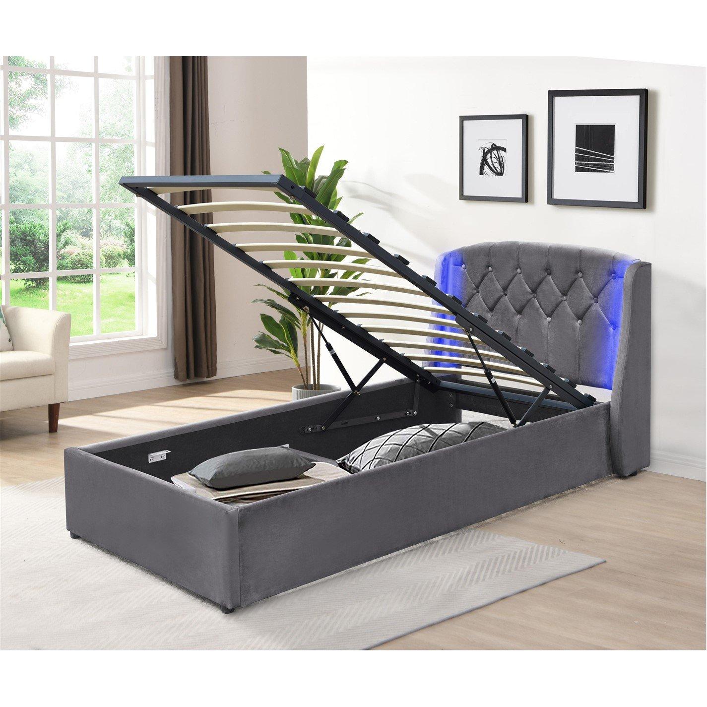 Grey - Comfy Living - Diamond Tufted Gas Lift LED Bed with Mattress - 1