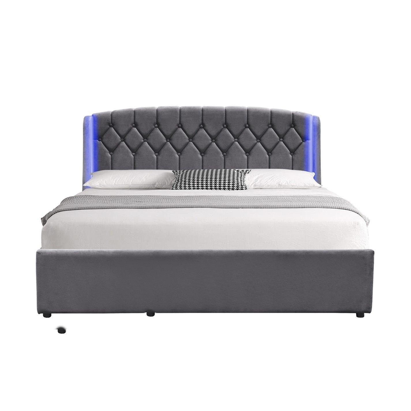 Grey - Comfy Living - Diamond Tufted Gas Lift LED Bed with Mattress - 2