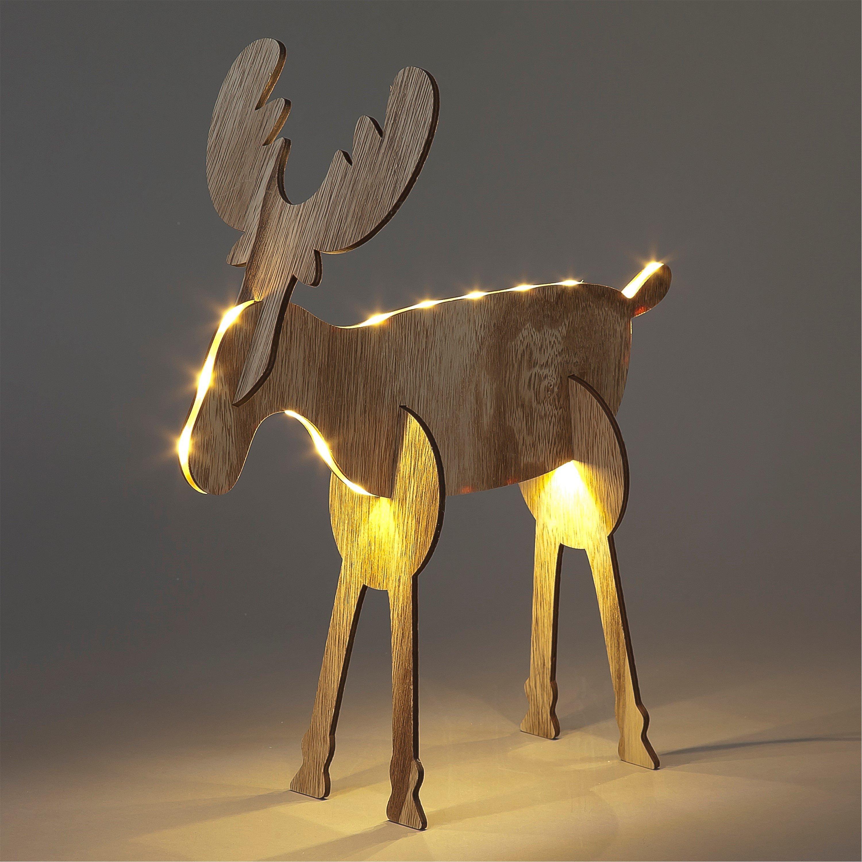 Natural - Snowtime - 39.5cm Wooden LED Lit 3D Reindeer Decoration