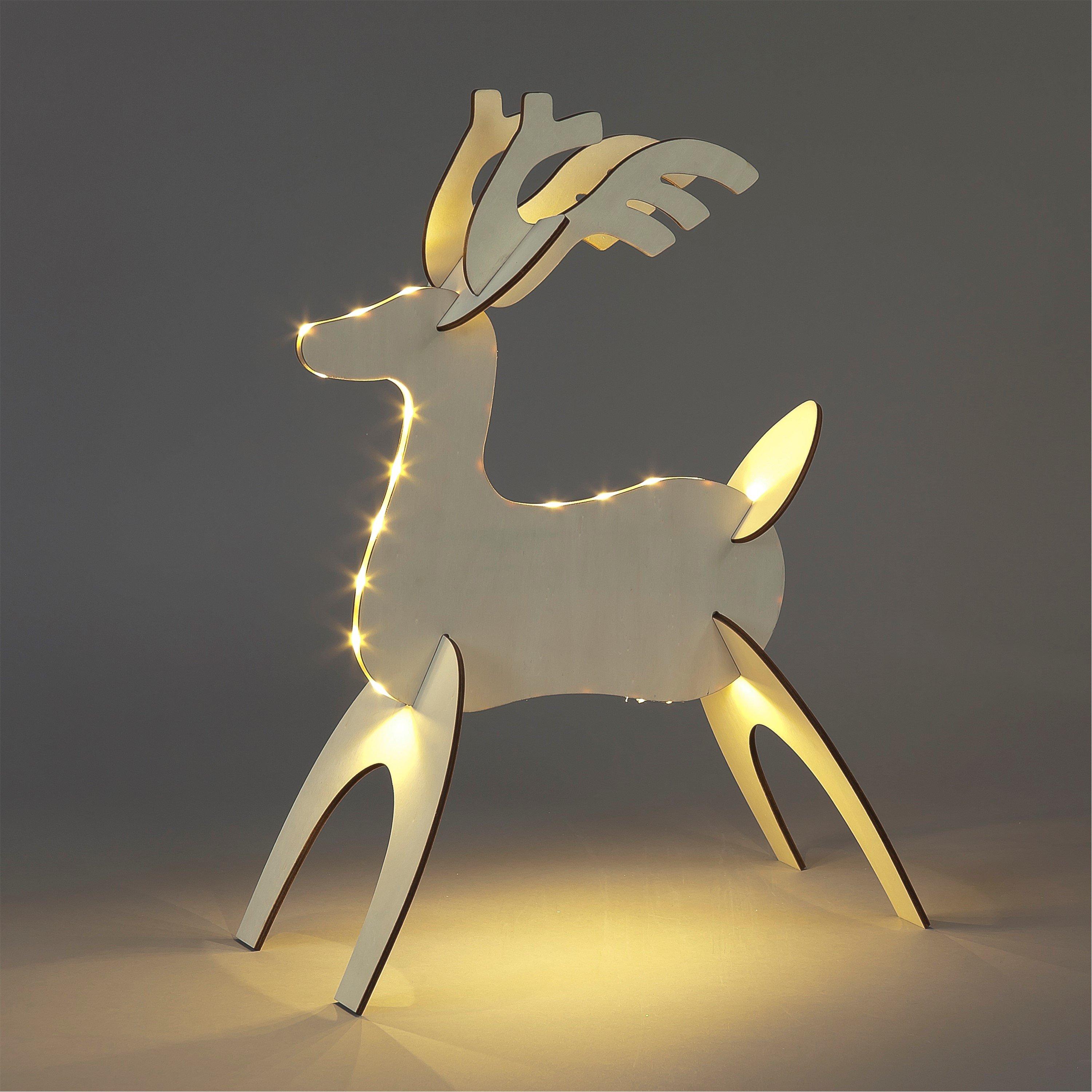 Natural - Snowtime - 50cm LED Lit Wooden 3D Reindeer Decoration
