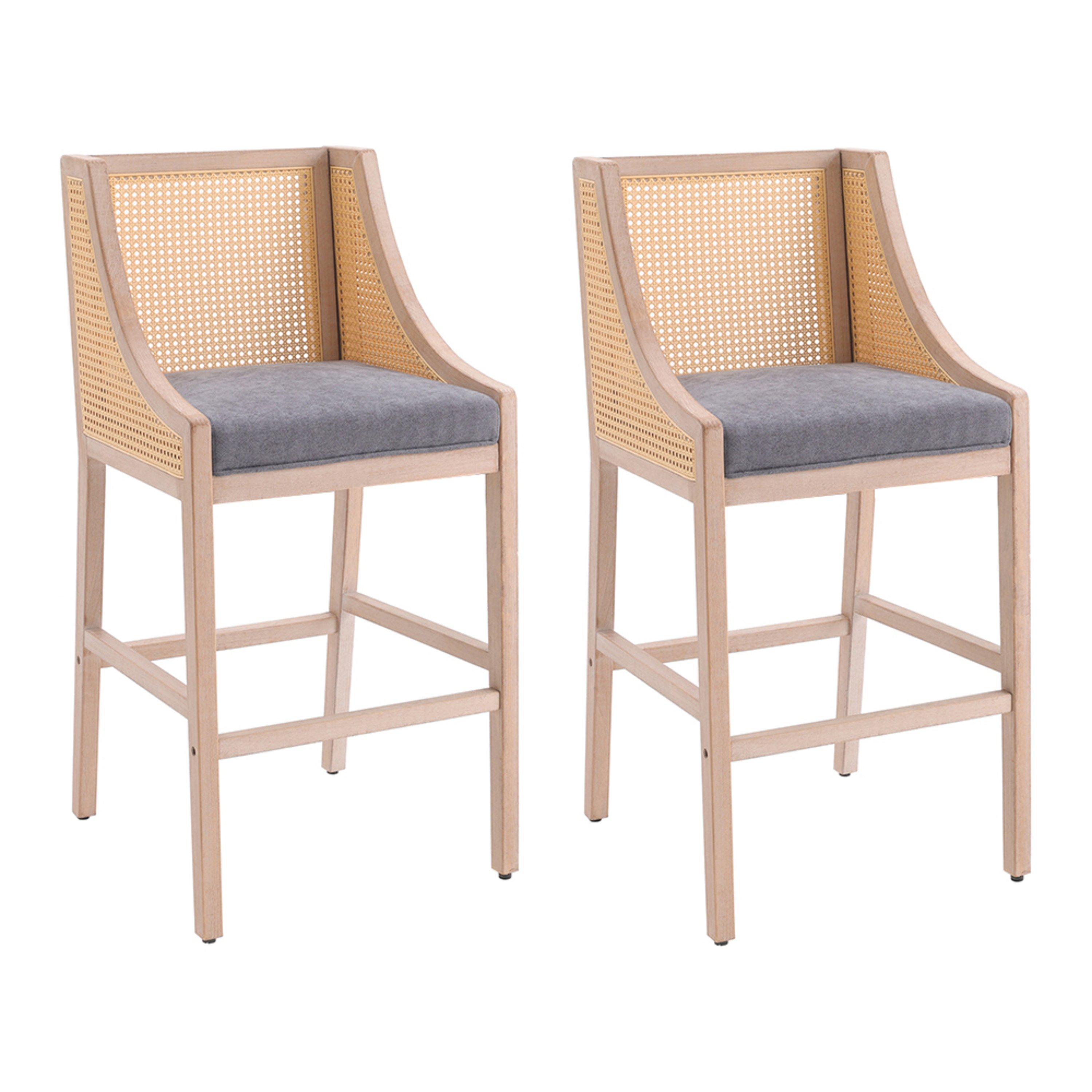 Grey - Kabinet UK - 2 Pcs Natural Rattan Bar Stools with Backrest - 1