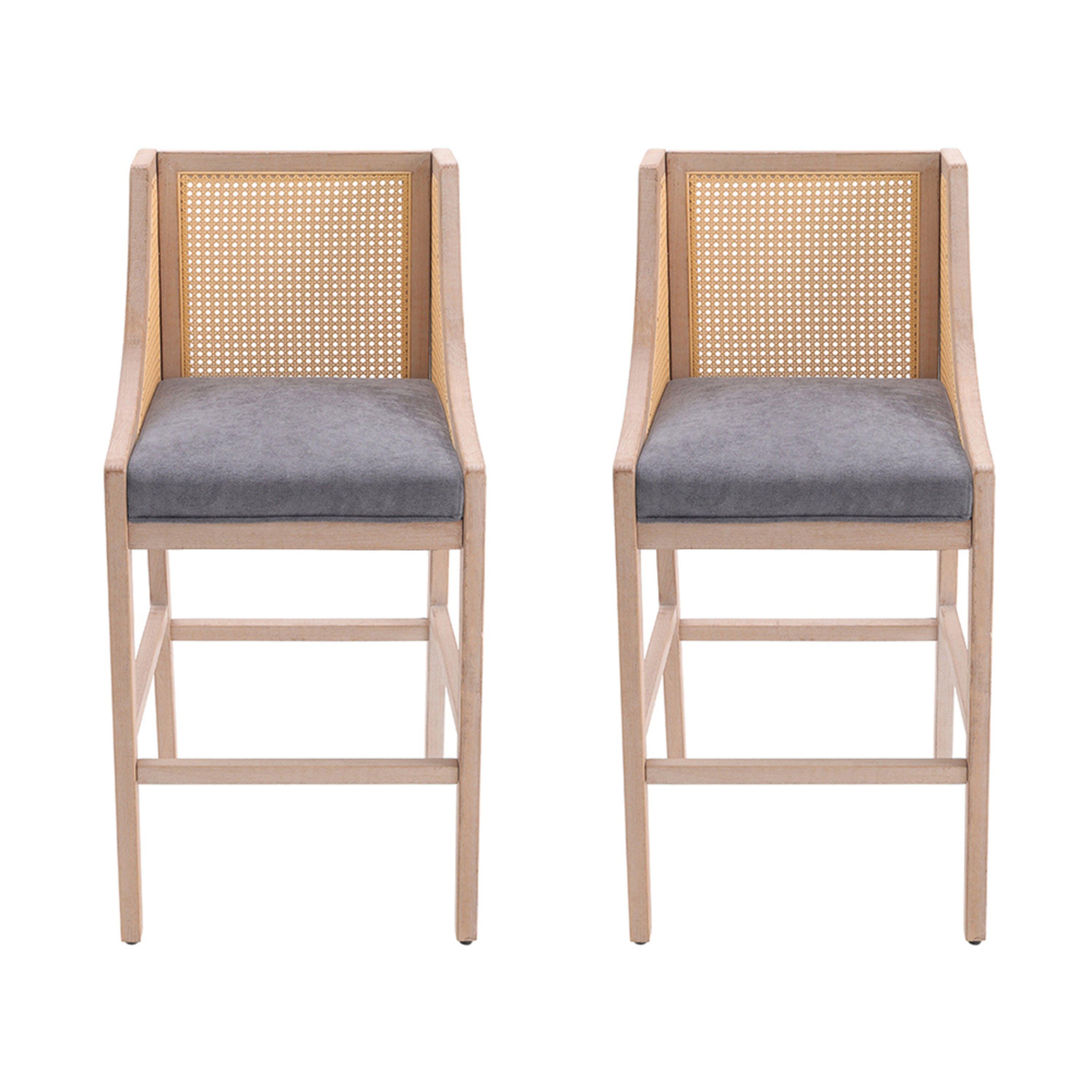 Grey - Kabinet UK - 2 Pcs Natural Rattan Bar Stools with Backrest - 2