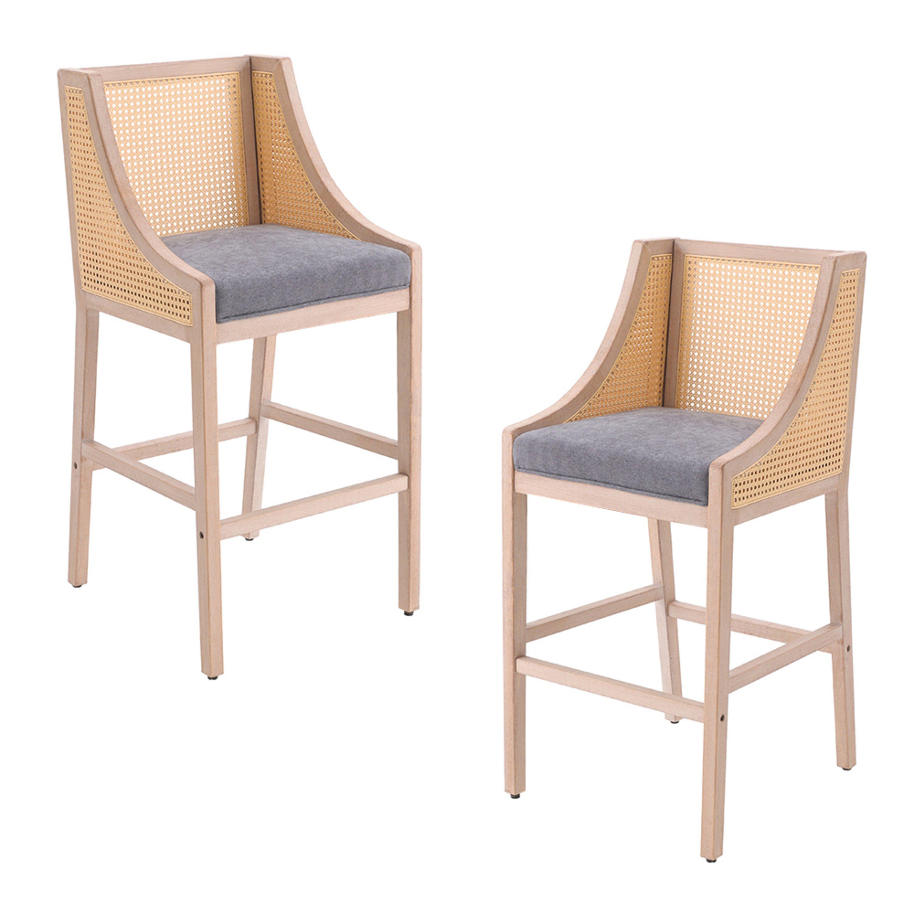 Grey - Kabinet UK - 2 Pcs Natural Rattan Bar Stools with Backrest - 3