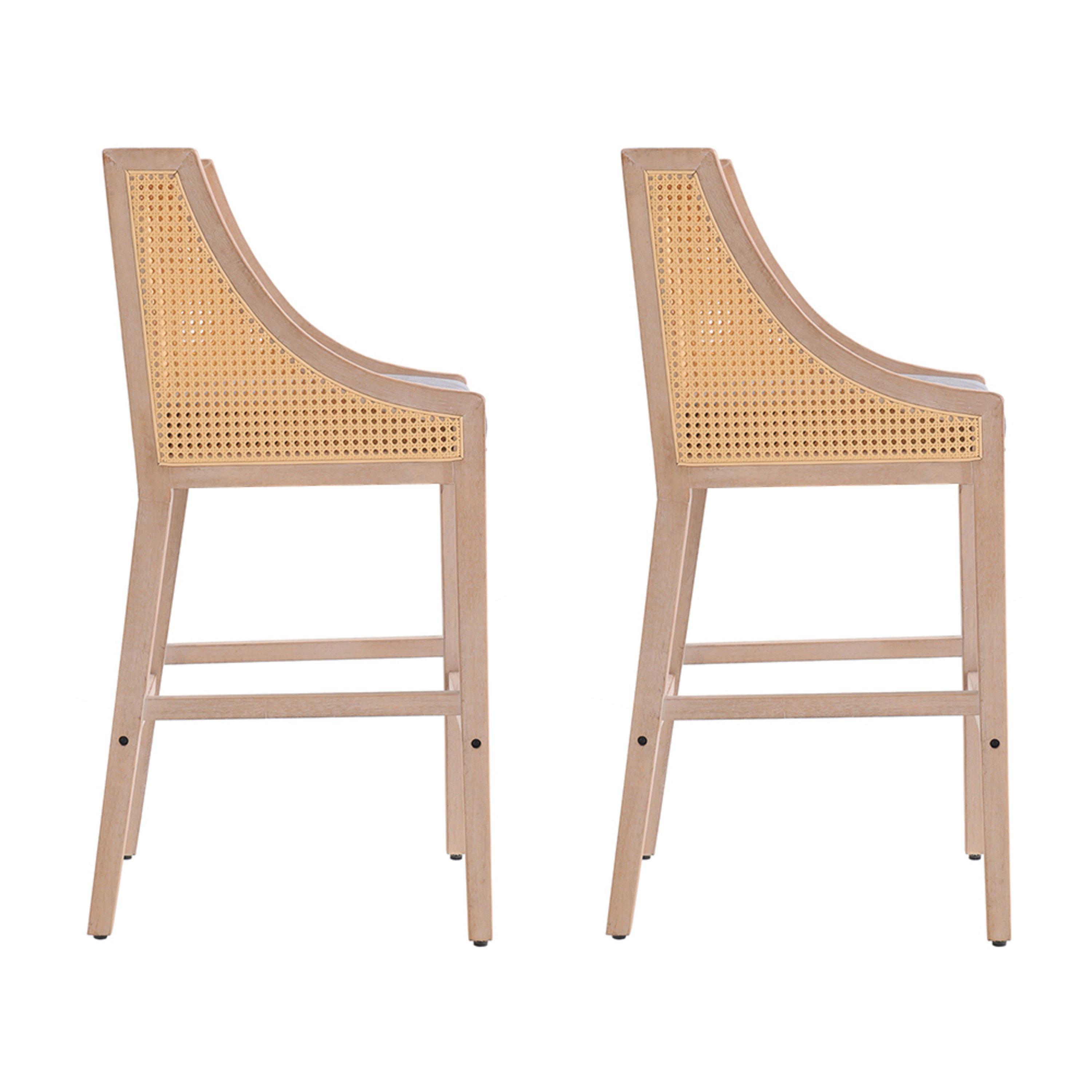 Grey - Kabinet UK - 2 Pcs Natural Rattan Bar Stools with Backrest - 4