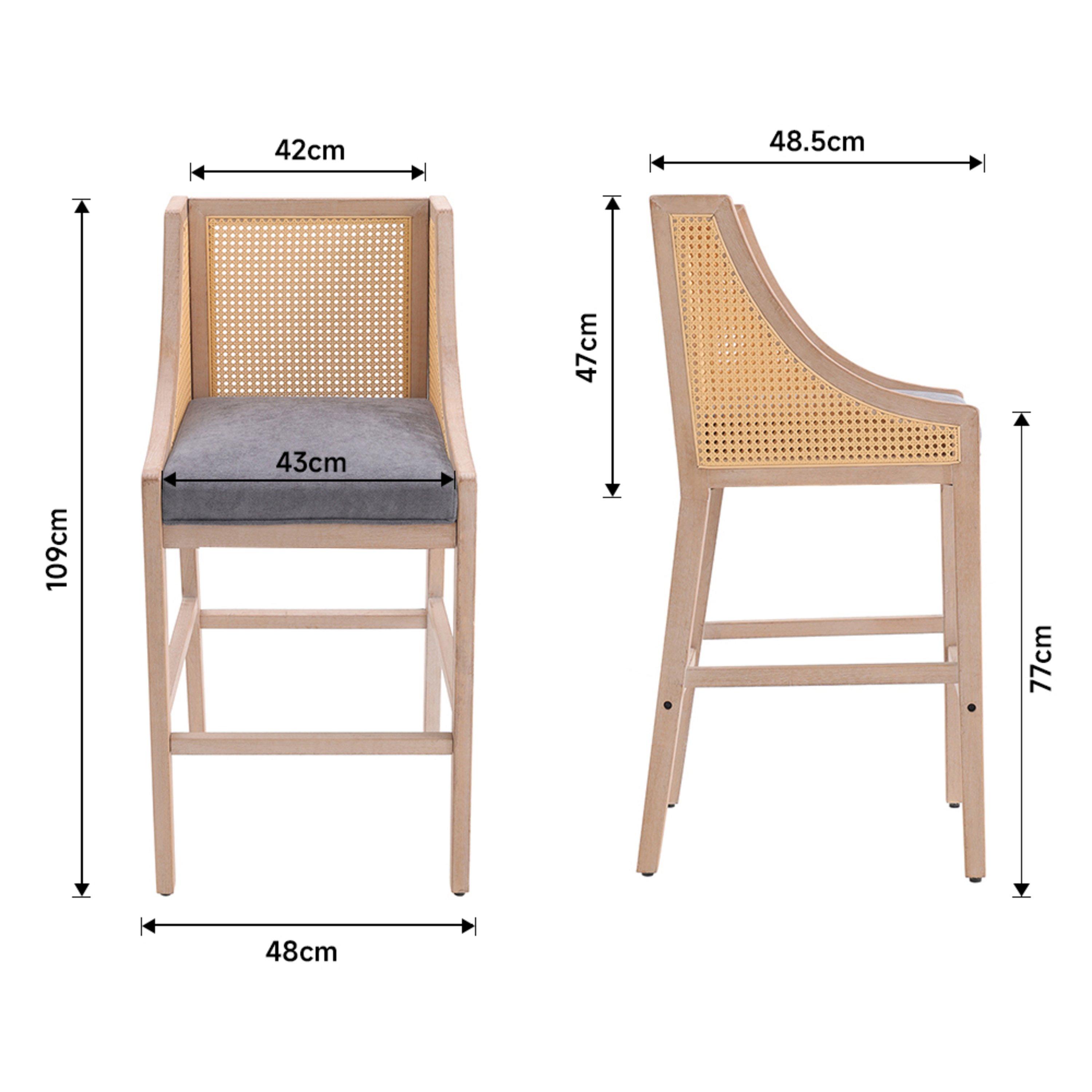 Grey - Kabinet UK - 2 Pcs Natural Rattan Bar Stools with Backrest - 9