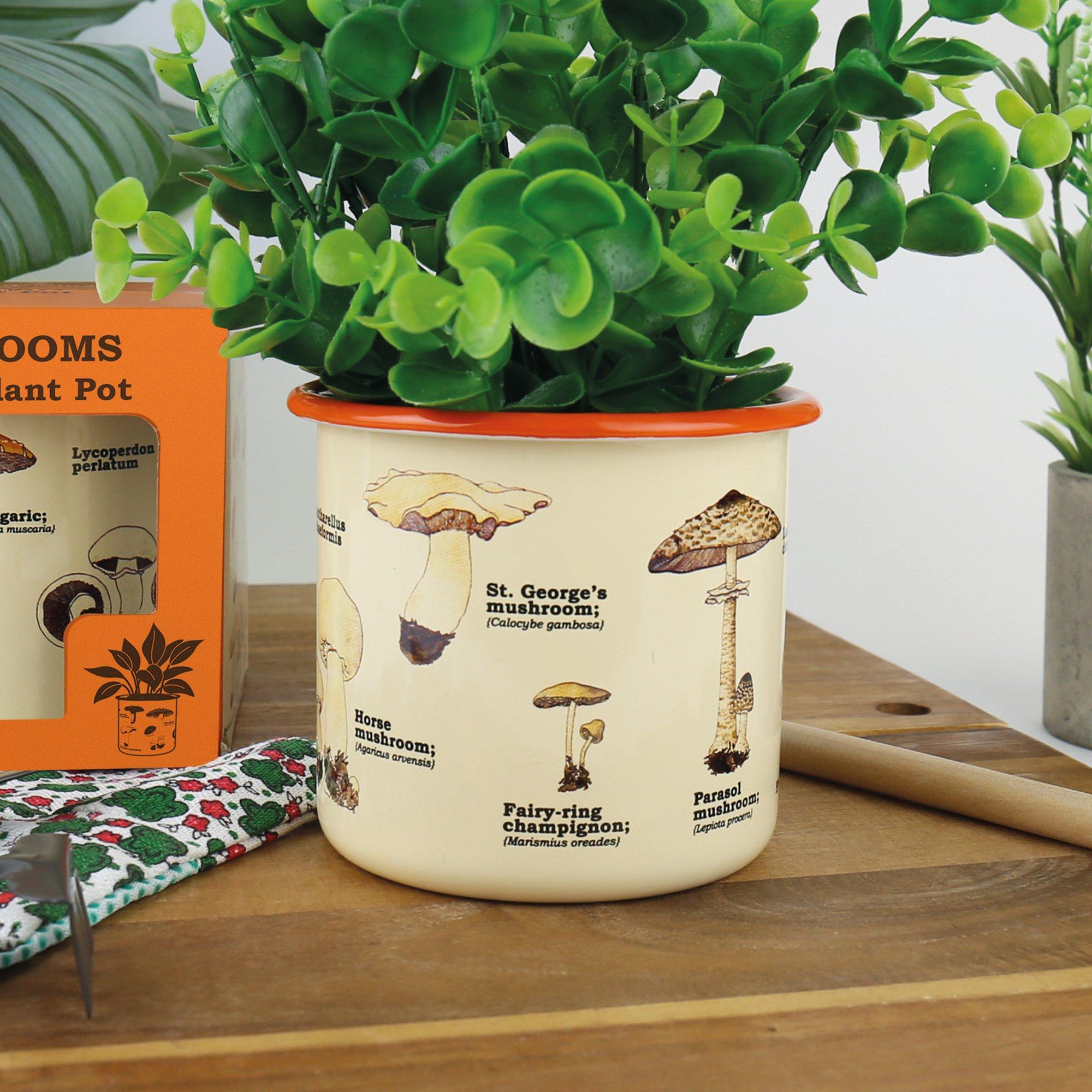 Gift Republic  Mushrooms Enamel Plant Pot - White