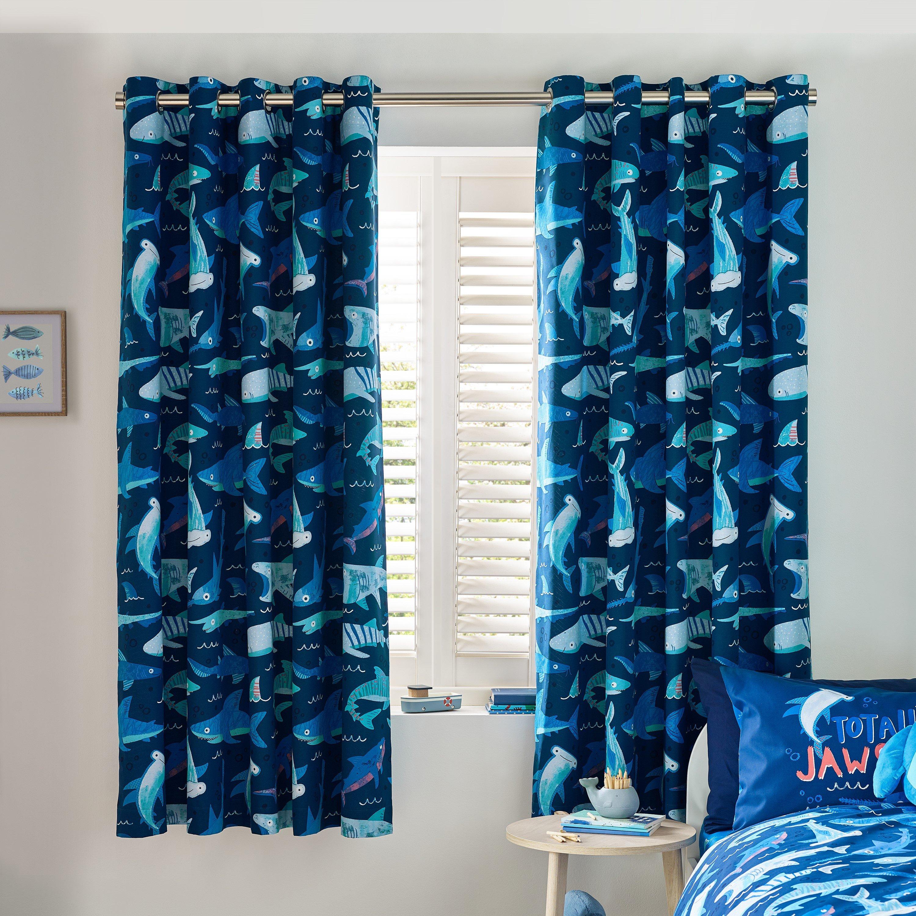Navy Blue - Catherine Lansfield - Jawsome Shark Fully Reversible Eyelet Curtain - 2