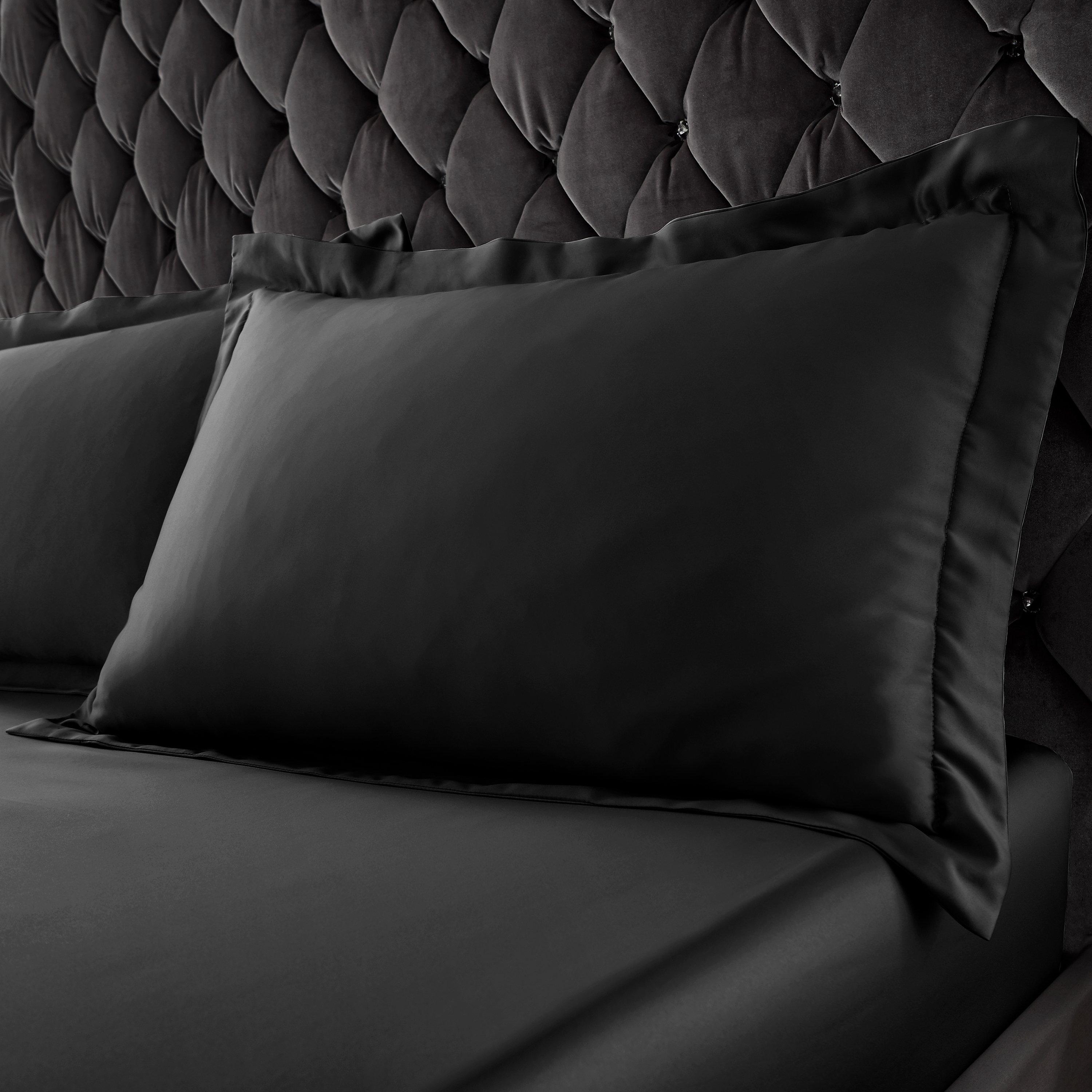 Black - Catherine Lansfield - Silky Soft Satin Oxford Pillow case Pair - 1