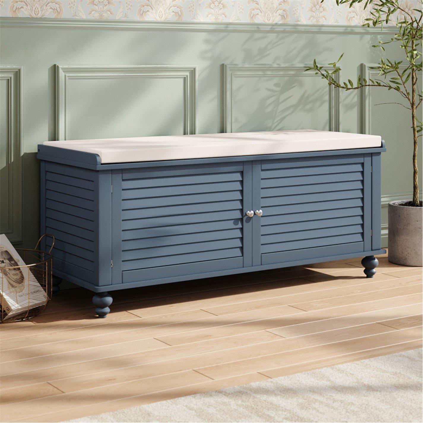 Grey - Kabinet UK - Wooden Shutter Door Shoe Cabinet Storage Bench - 1