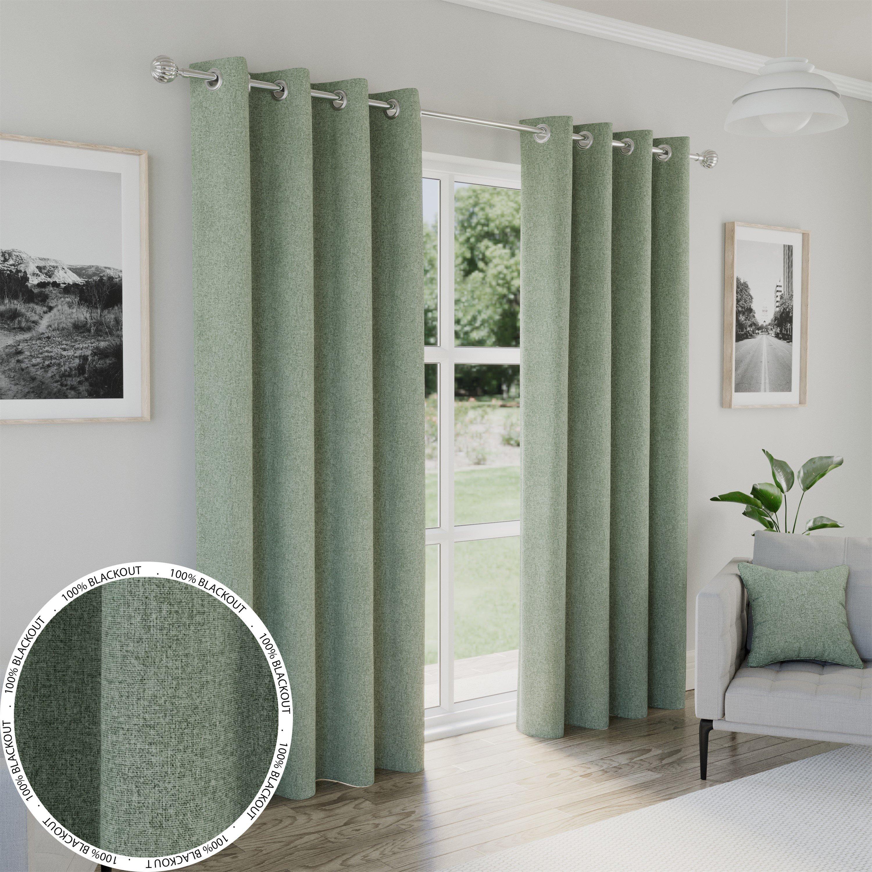 Green - Enhanced Living - Austin Green 100% Blackout Eyelet Curtains - 1