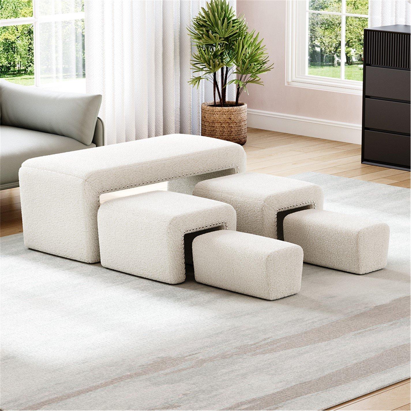 White - Kabinet UK - White Upholstered Teddy Fleece Ottoman Bench Set - 2