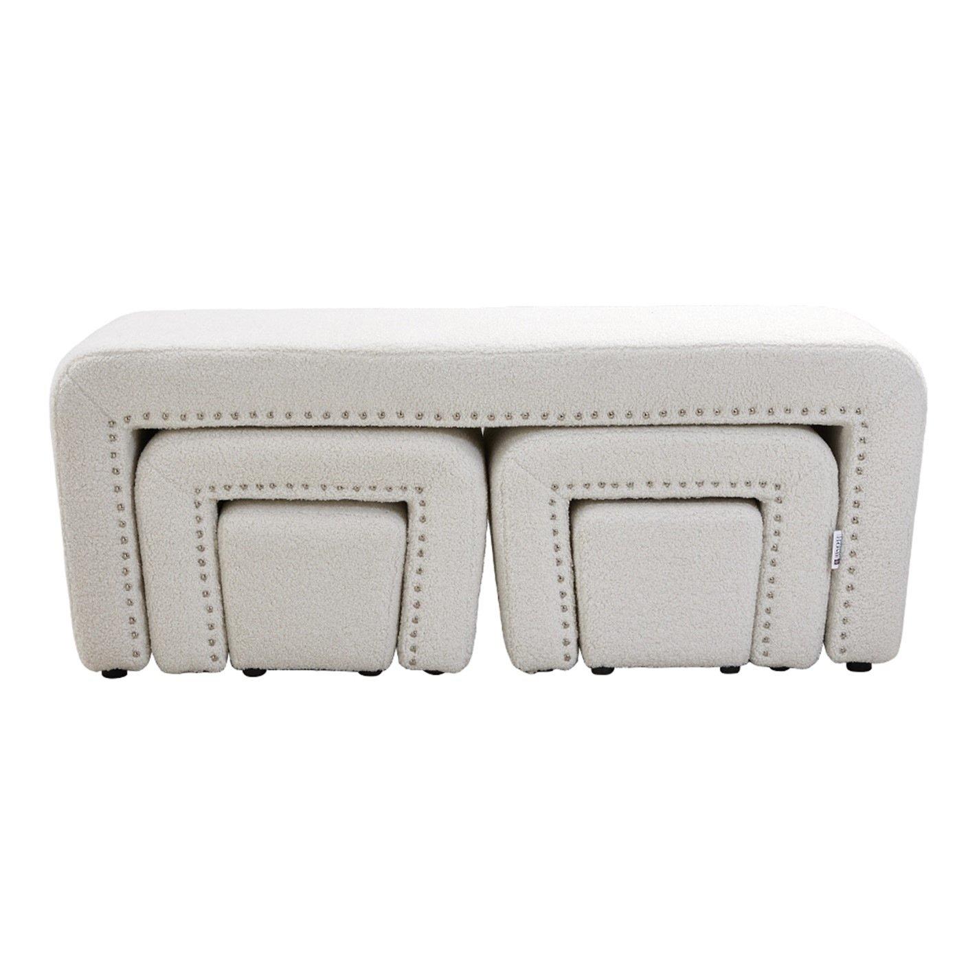 White - Kabinet UK - White Upholstered Teddy Fleece Ottoman Bench Set - 3