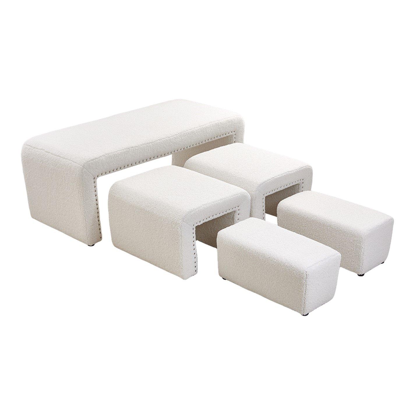 White - Kabinet UK - White Upholstered Teddy Fleece Ottoman Bench Set - 5