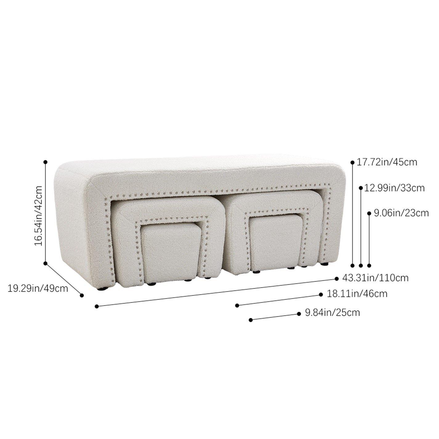 White - Kabinet UK - White Upholstered Teddy Fleece Ottoman Bench Set - 6
