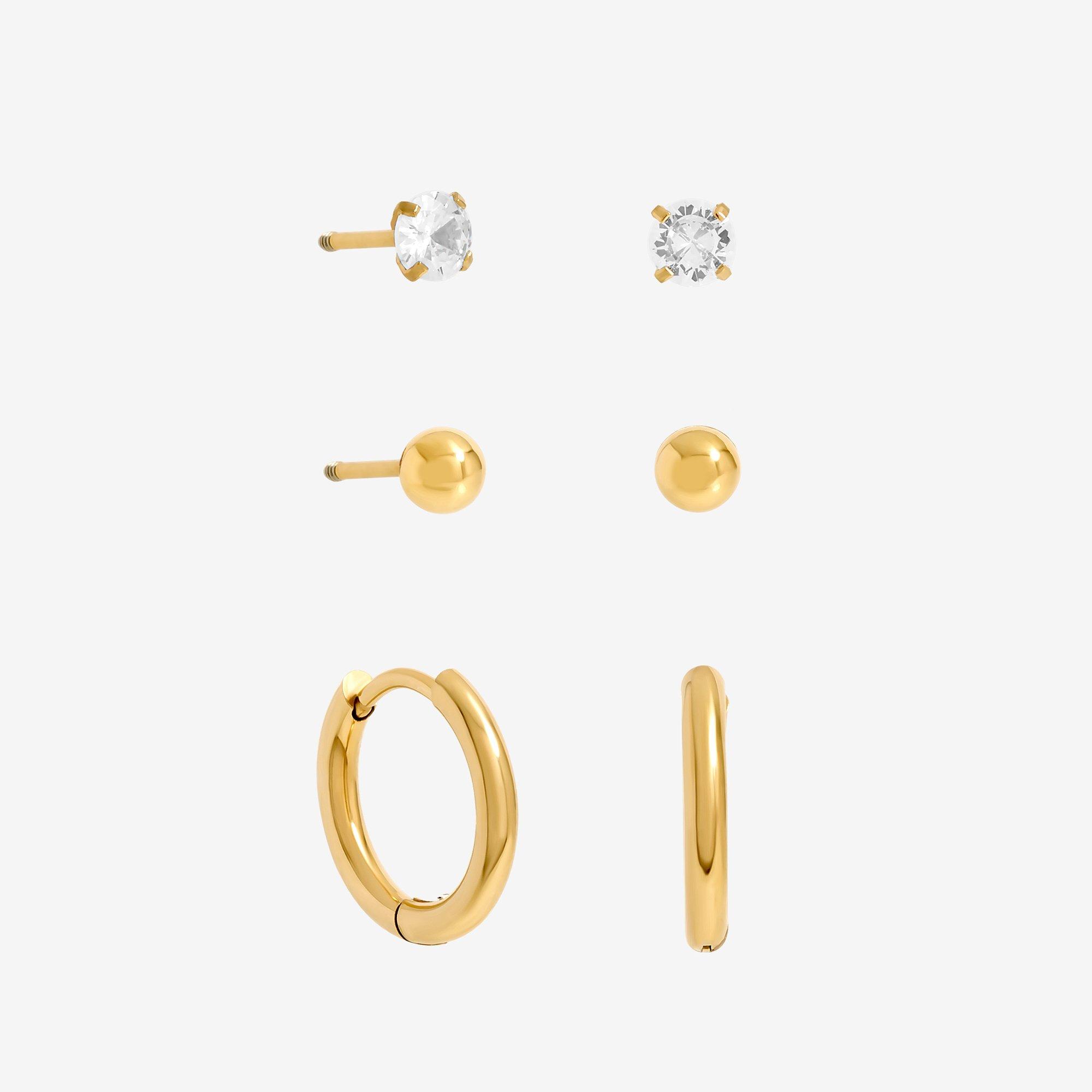 Gold - Jon Richard - Gold Plated Waterproof Basic Earrings - Pack of 3 - 2