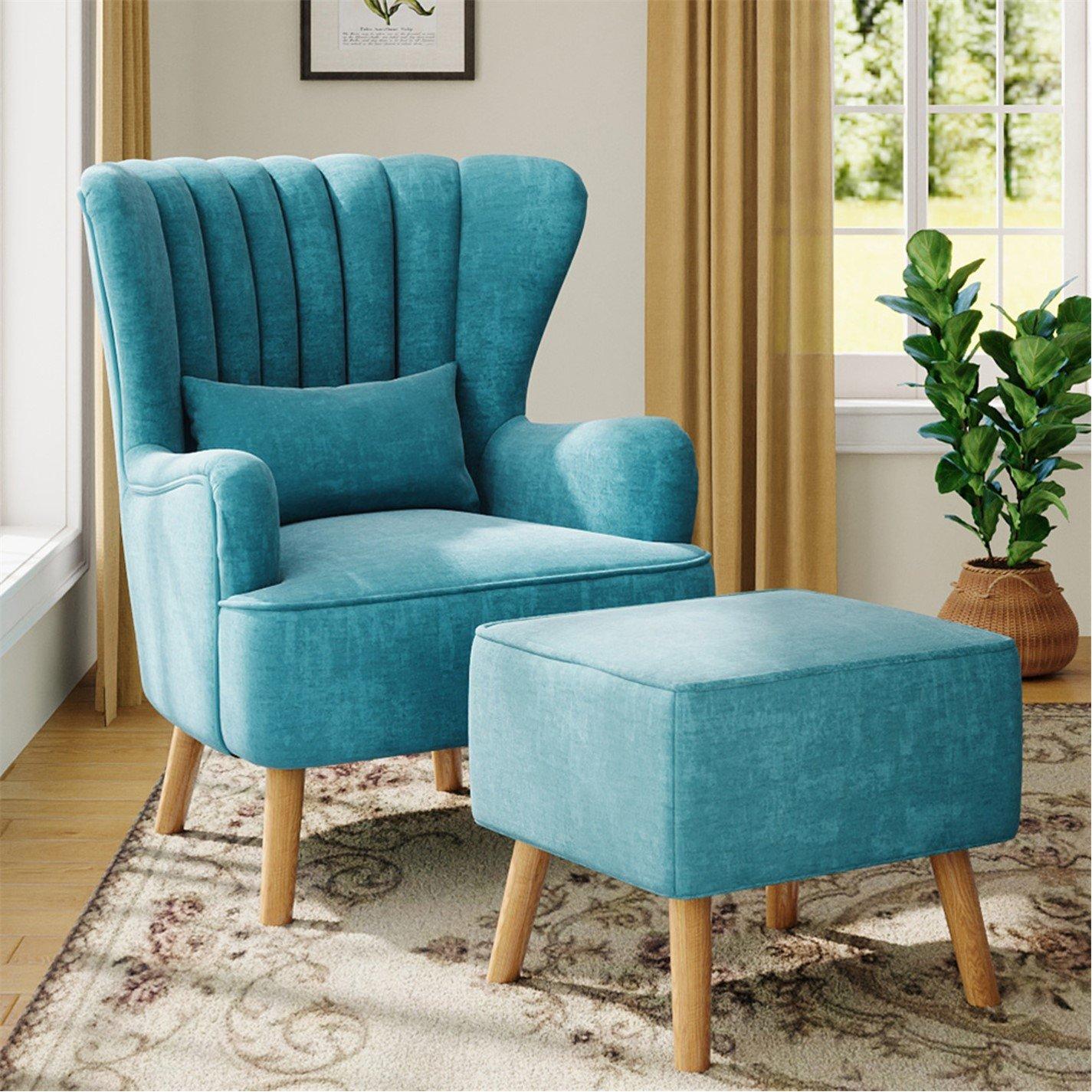 Blue - Kabinet UK - Faux Wool Upholstered Armchair and Footstool - 1