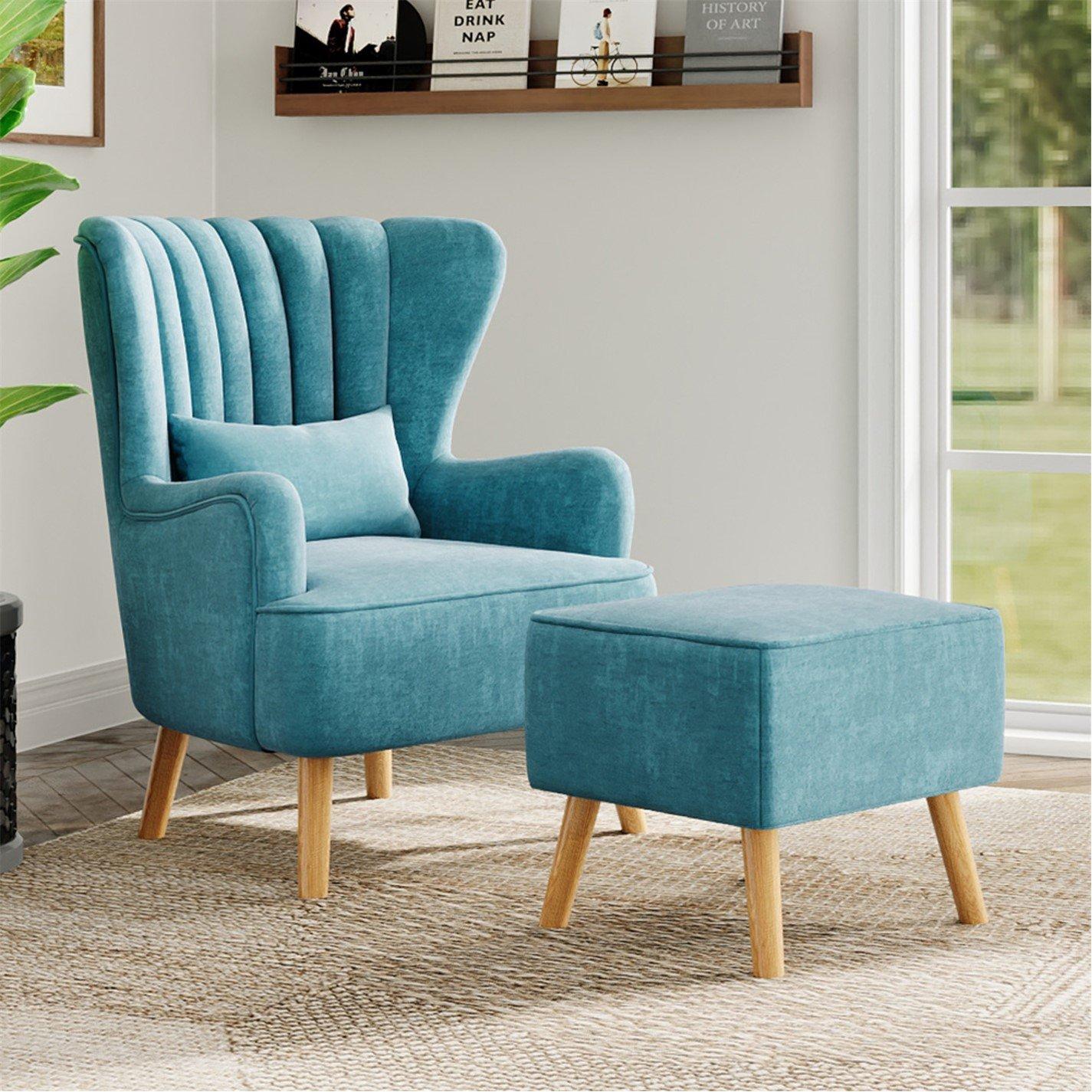 Blue - Kabinet UK - Faux Wool Upholstered Armchair and Footstool - 2