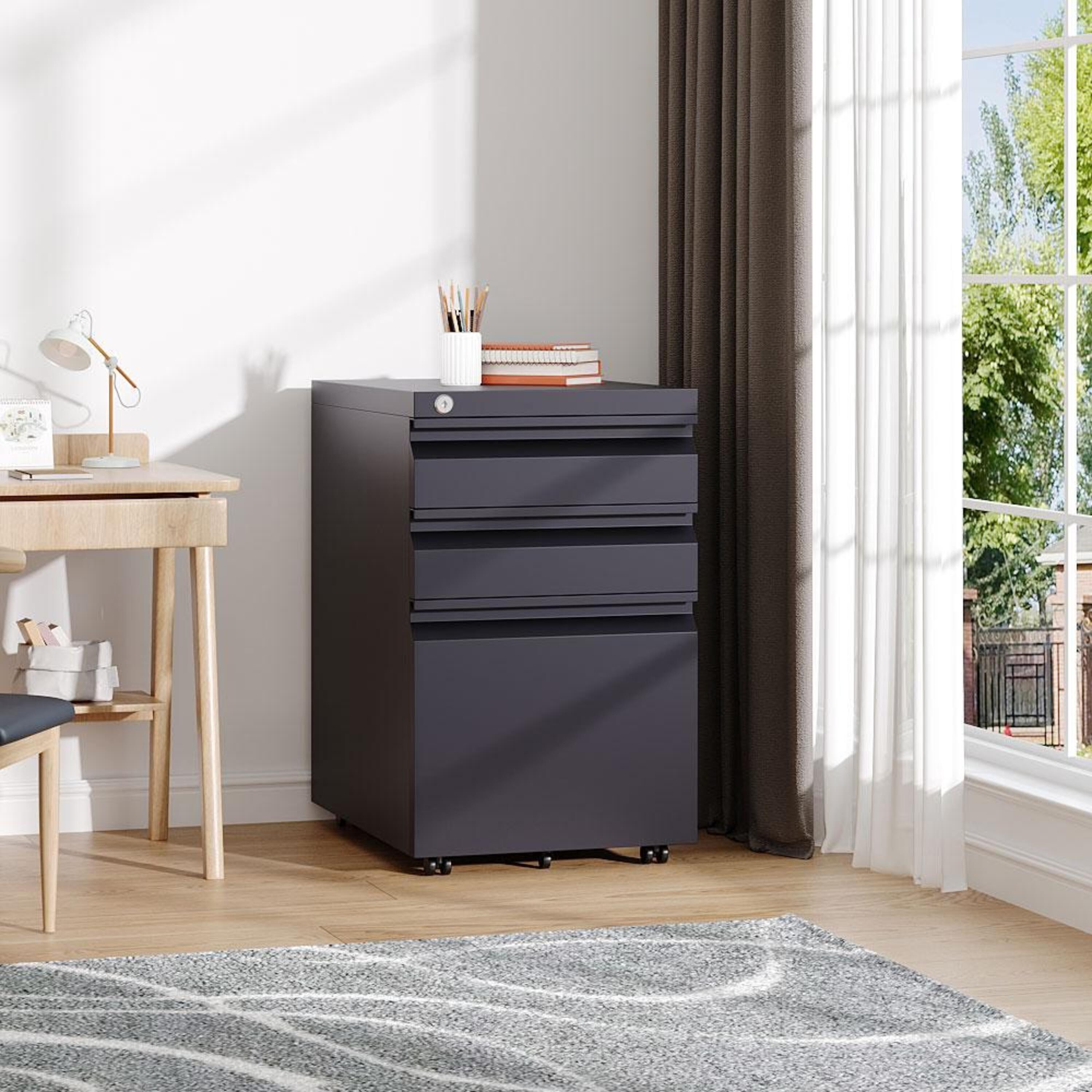 Kabinet UK 3-Drawer Black File Cabinet with Wheels