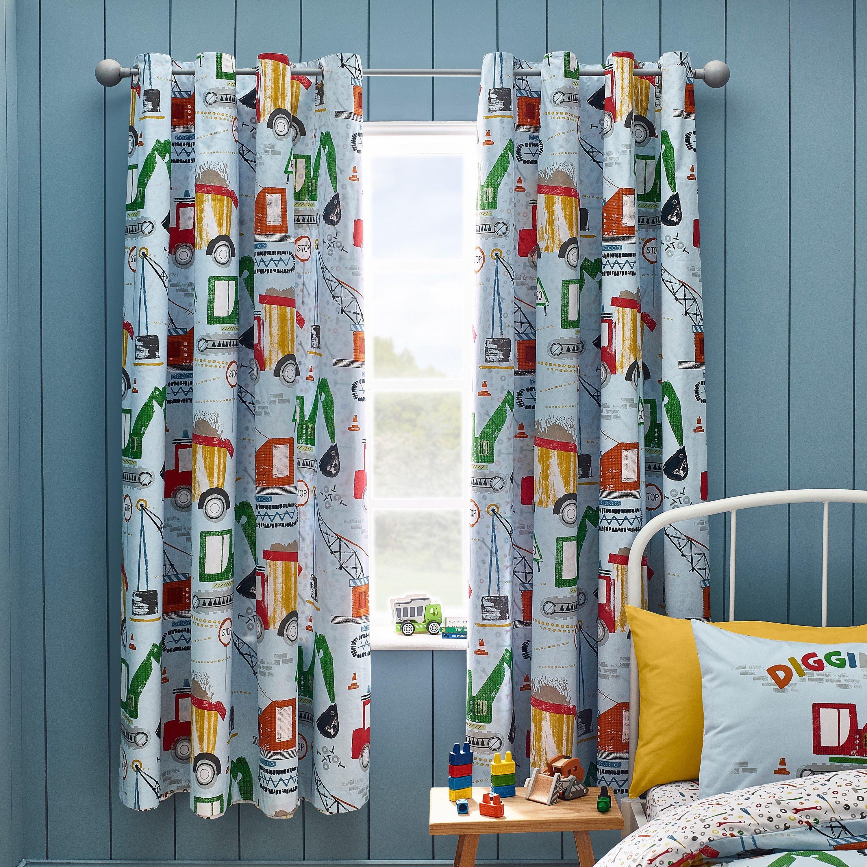 Blue - Catherine Lansfield - Digger Dreams Fully Reversible Eyelet Curtains - 2