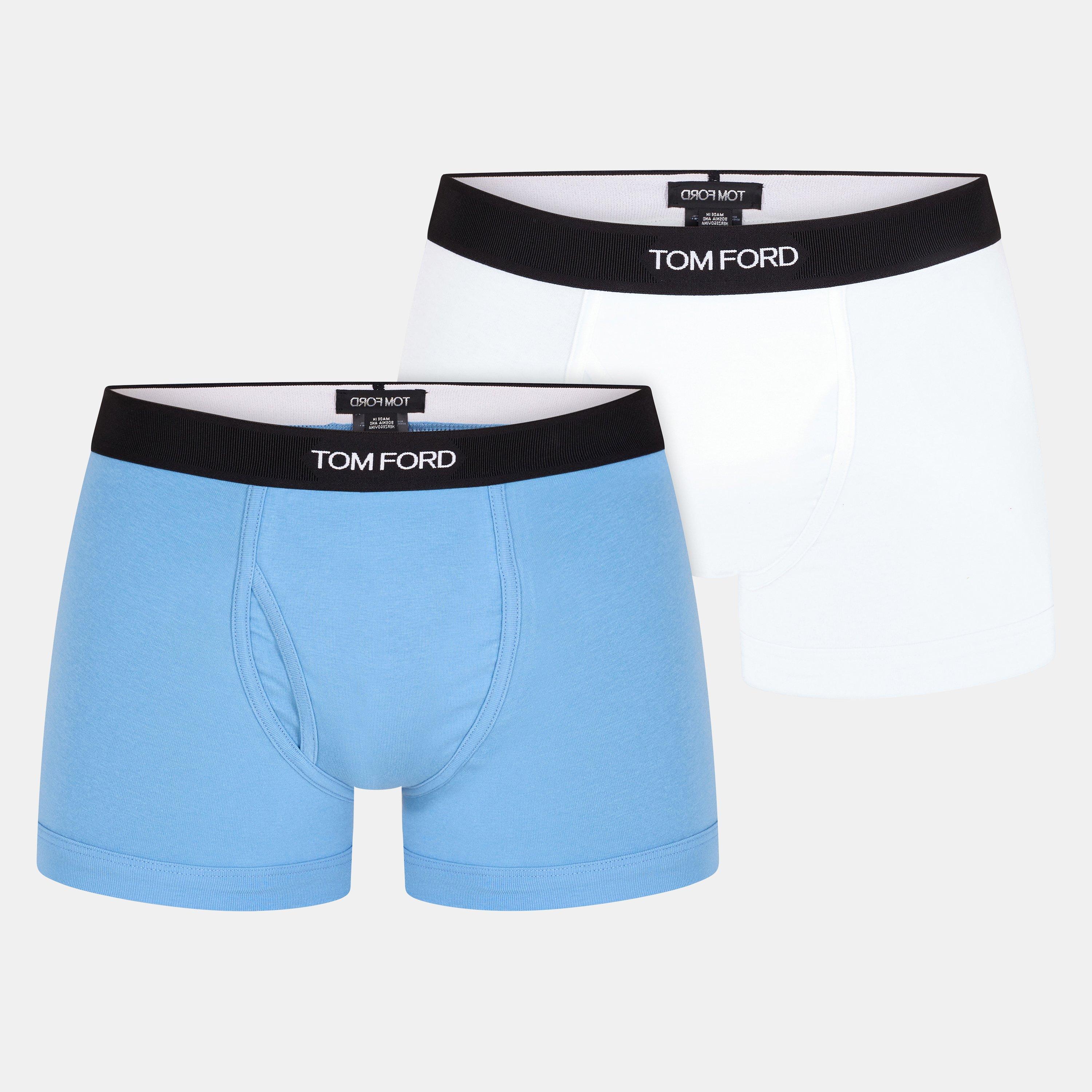 Tom Ford Men's Plain Cotton Boxer Briefs, 2-Pack - White/Sky Blue - Medium