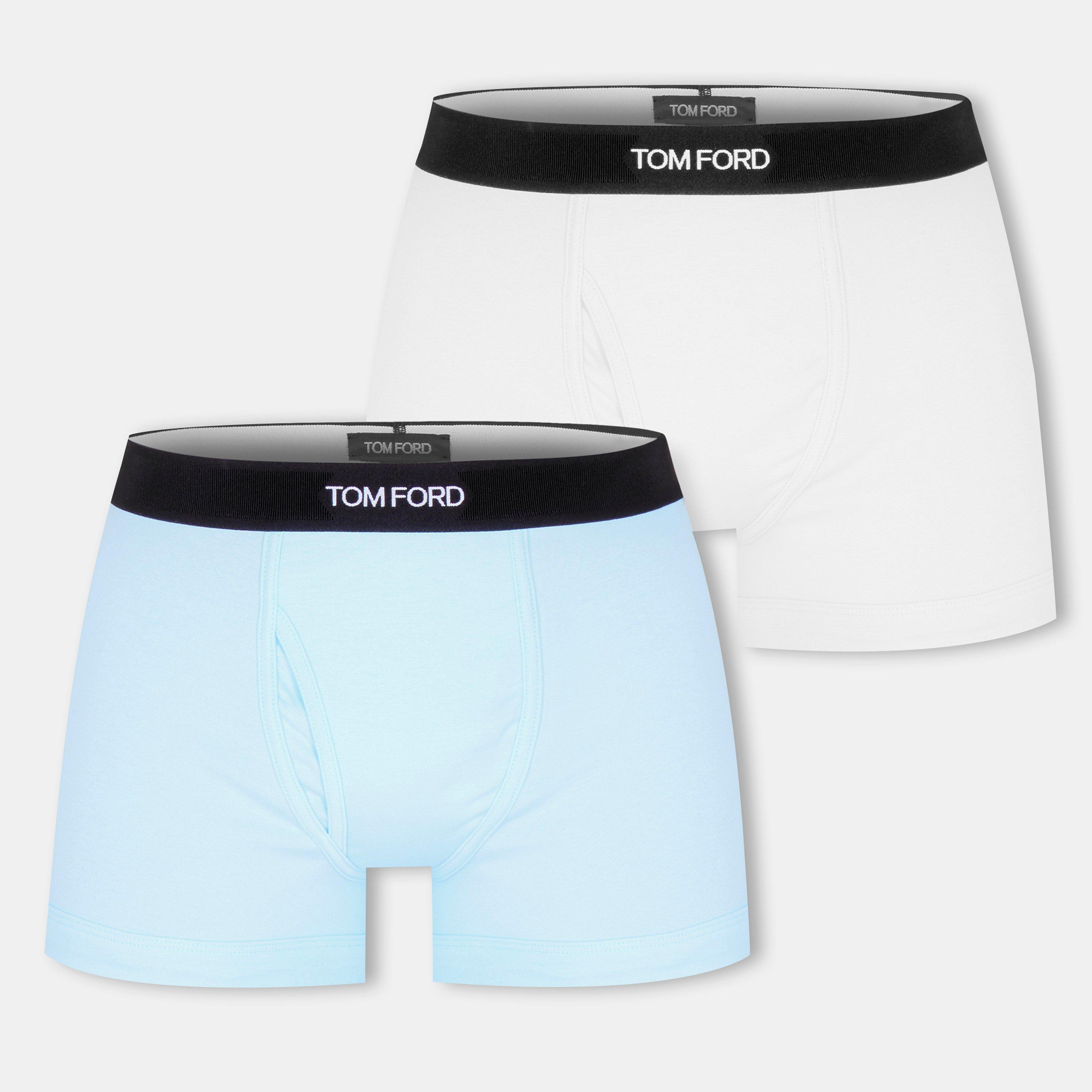 Tom Ford Men's Plain Cotton Boxer Briefs, 2-Pack - White/Aqua - Medium