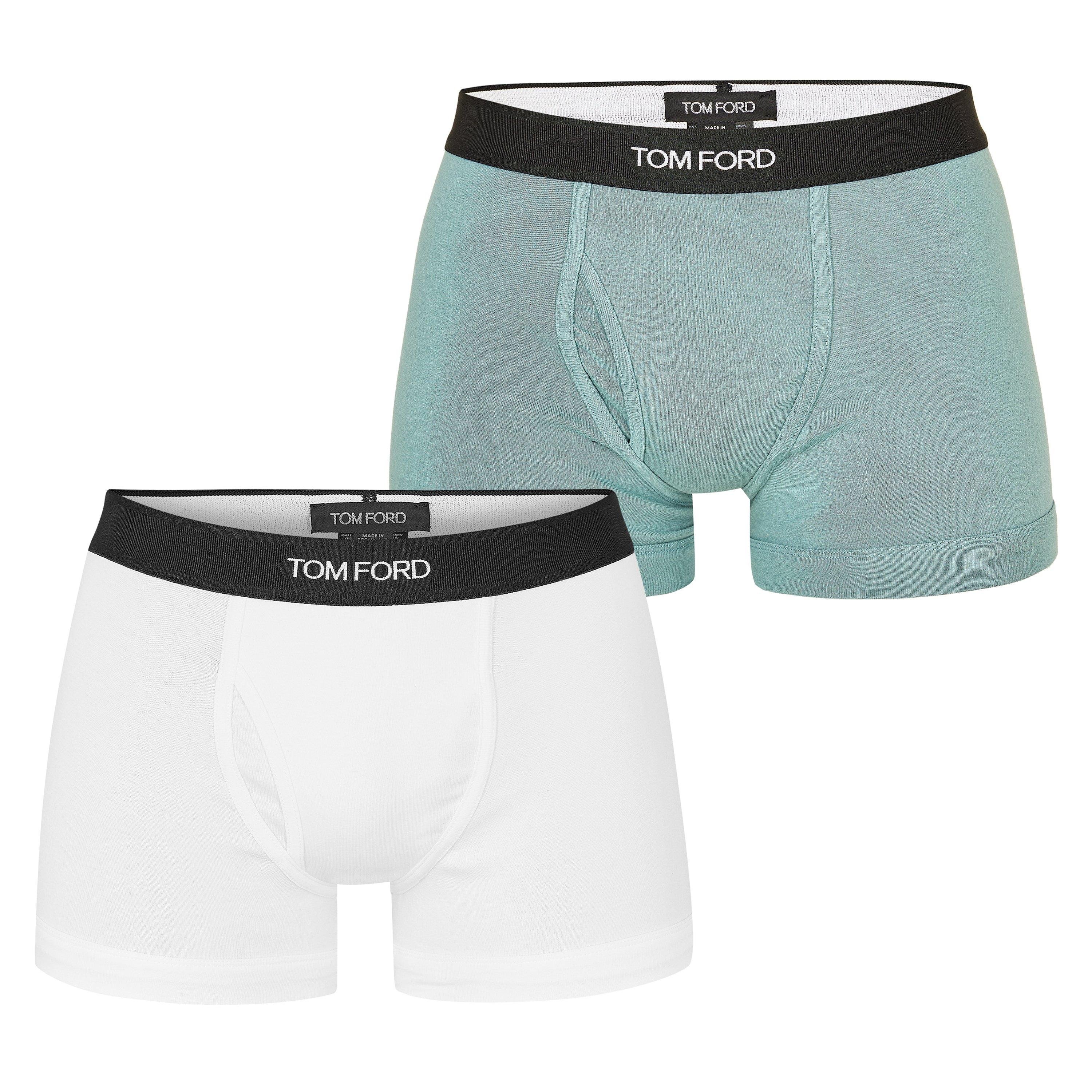 Tom Ford Men's Plain Cotton Boxer Briefs, 2-Pack - White/Teal - Medium