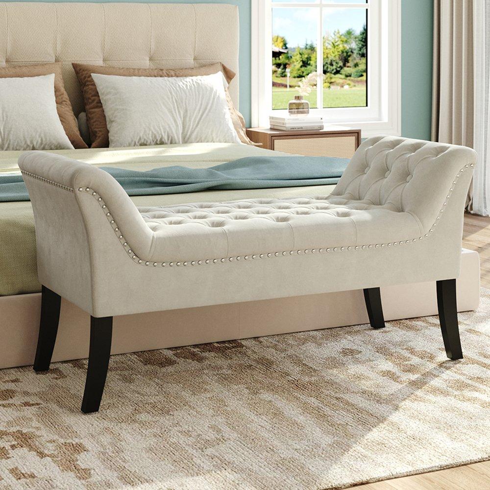 Kabinet Uk  Contemporary Velvet Buttoned Bench - White