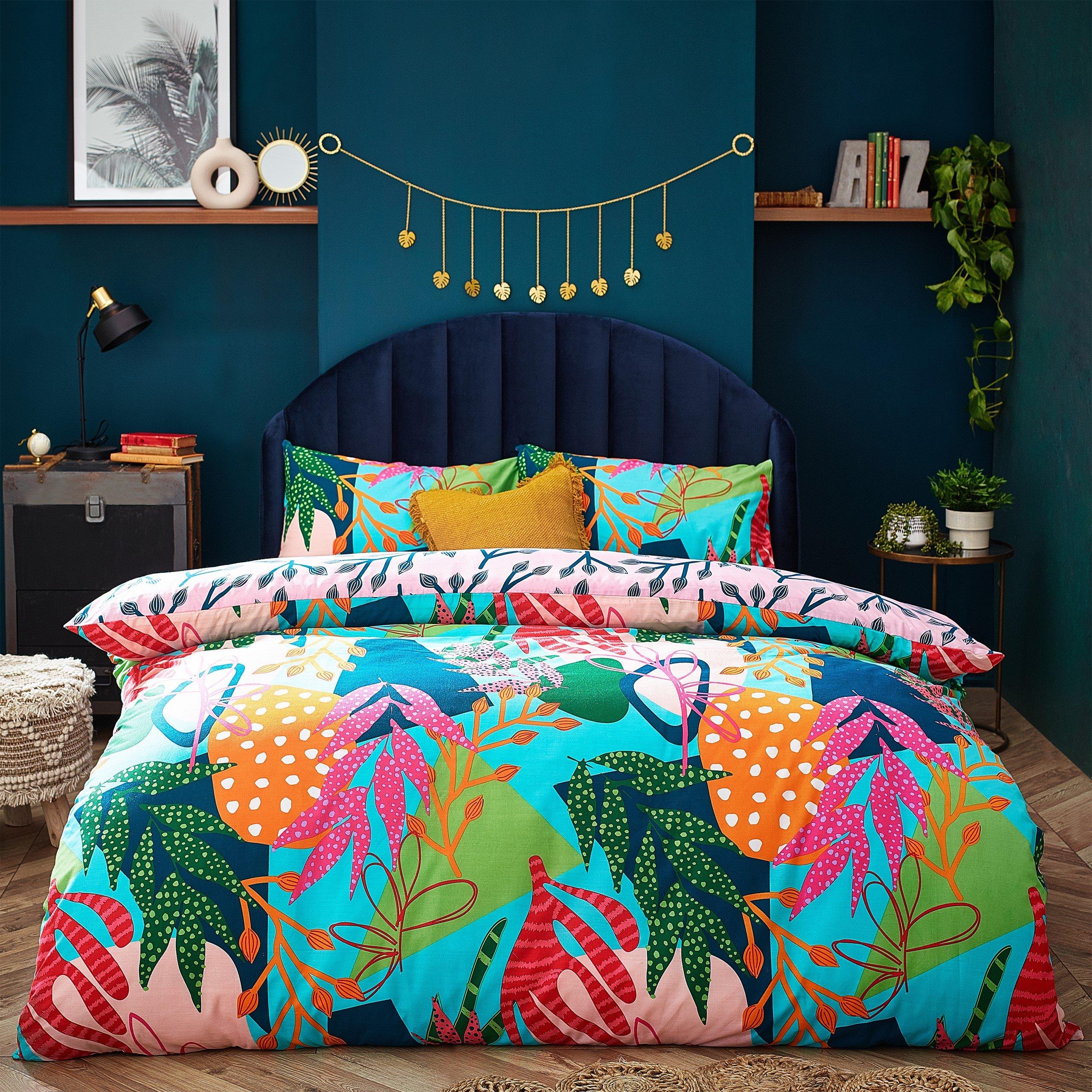Furn.  Coralina Tropical Palm Duvet Set - Aqua/Pink - Super King