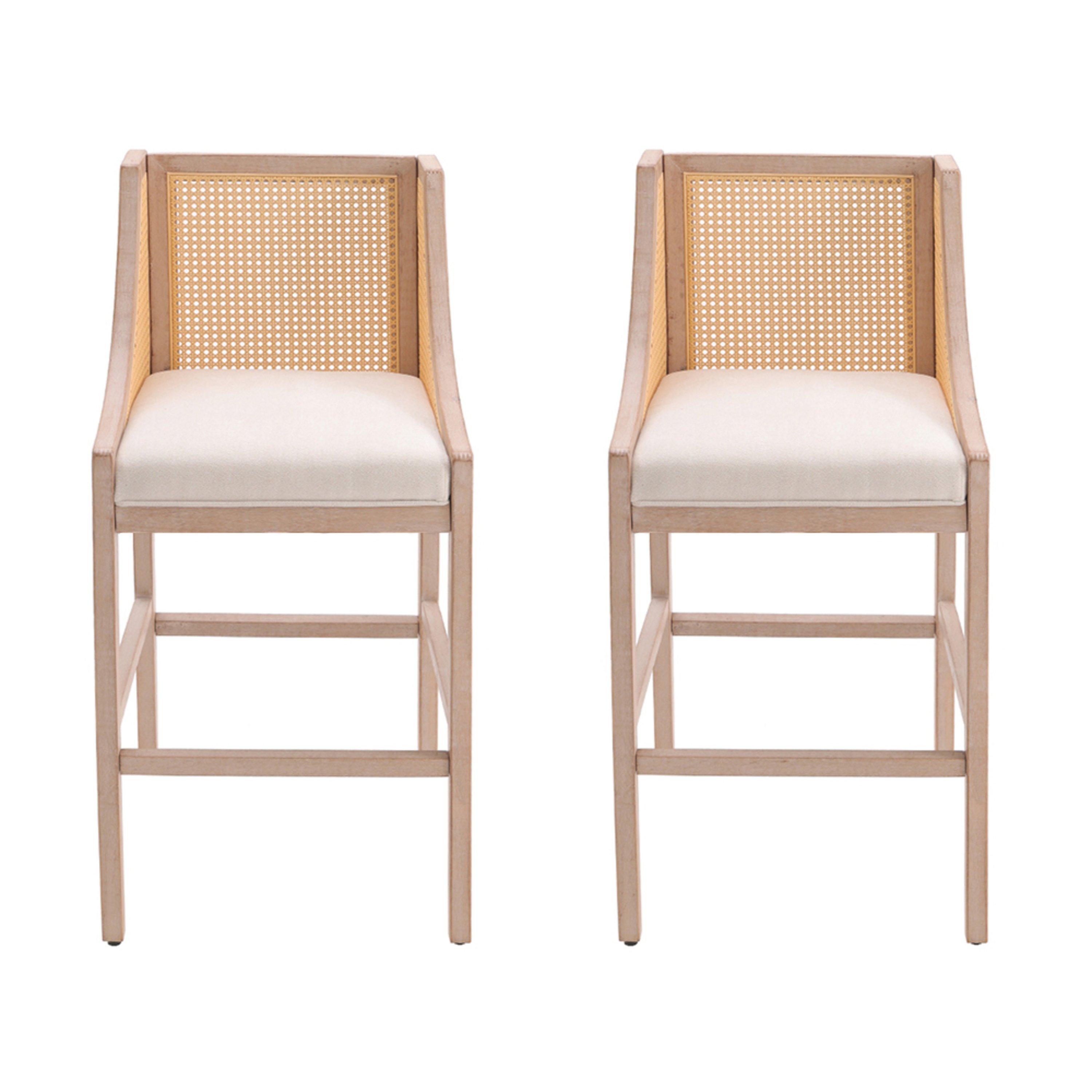Grey - Kabinet UK - 2 Pcs Natural Rattan Bar Stools with Backrest - 2