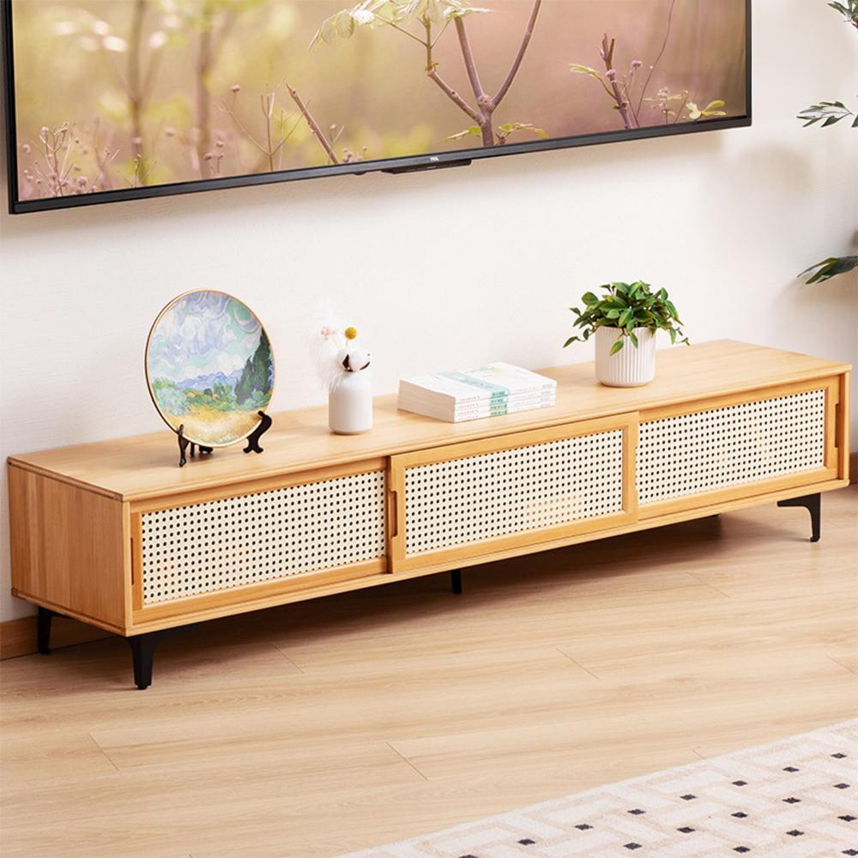 Beige - Kabinet UK - Wooden TV Sand with Sliding Doors - 1