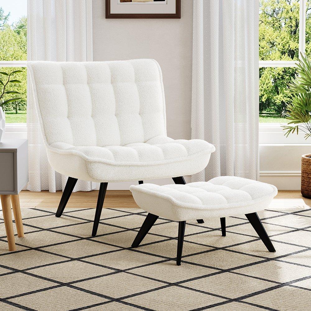 White - Kabinet UK - Minimal Comfy Chair with Footstool Set - 1