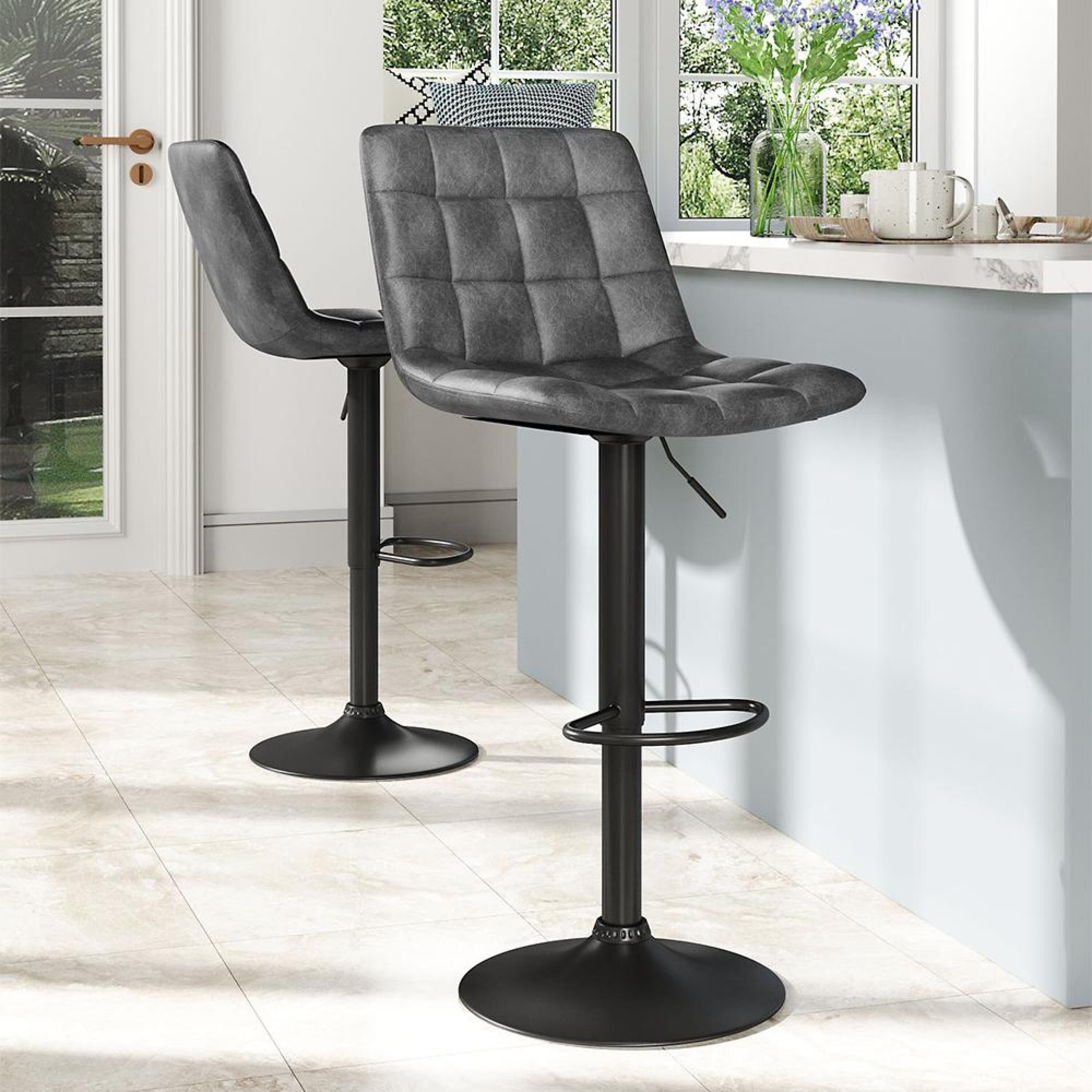 Grey - Kabinet UK - 2 Pcs Grey Gas Lift Upholstered Swivel Bar Stool - 1