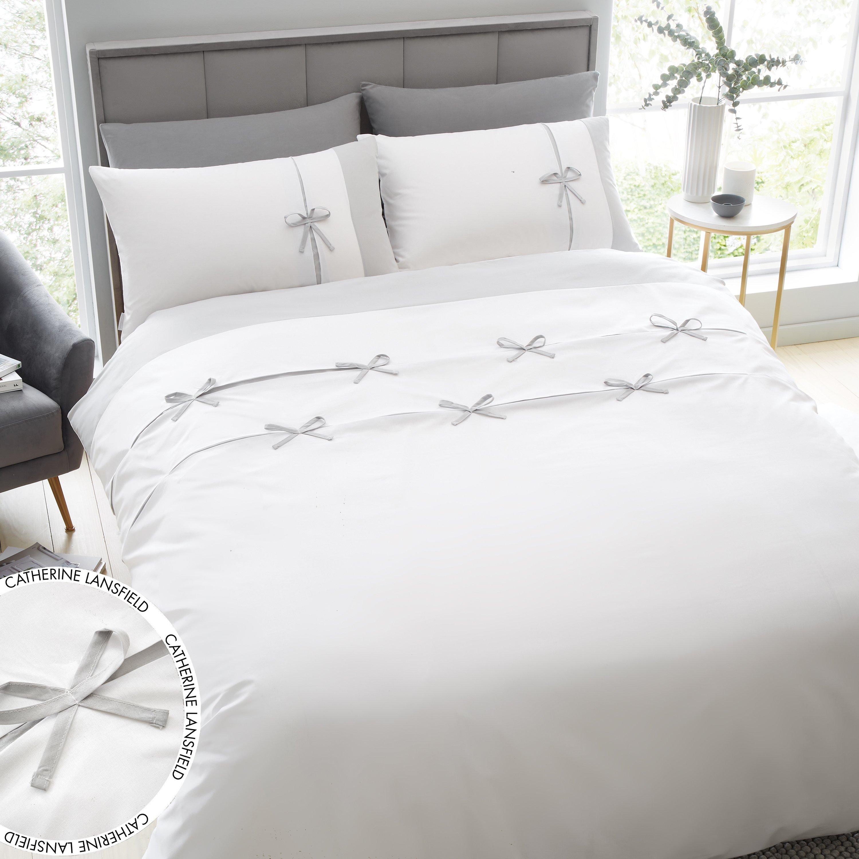 White - Catherine Lansfield - Bow Detail Pleated Cotton Button Fastening Duvet Covers - 1