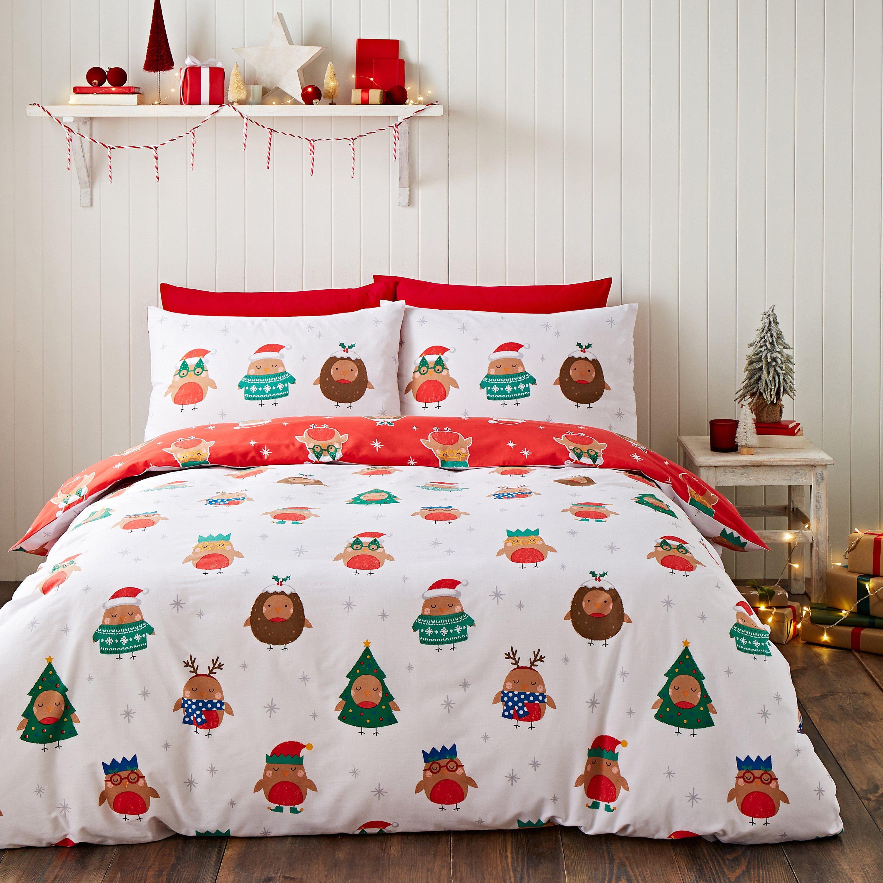 White - Catherine Lansfield - Christmas Party Robins Reversible Duvet Cover Set - 1