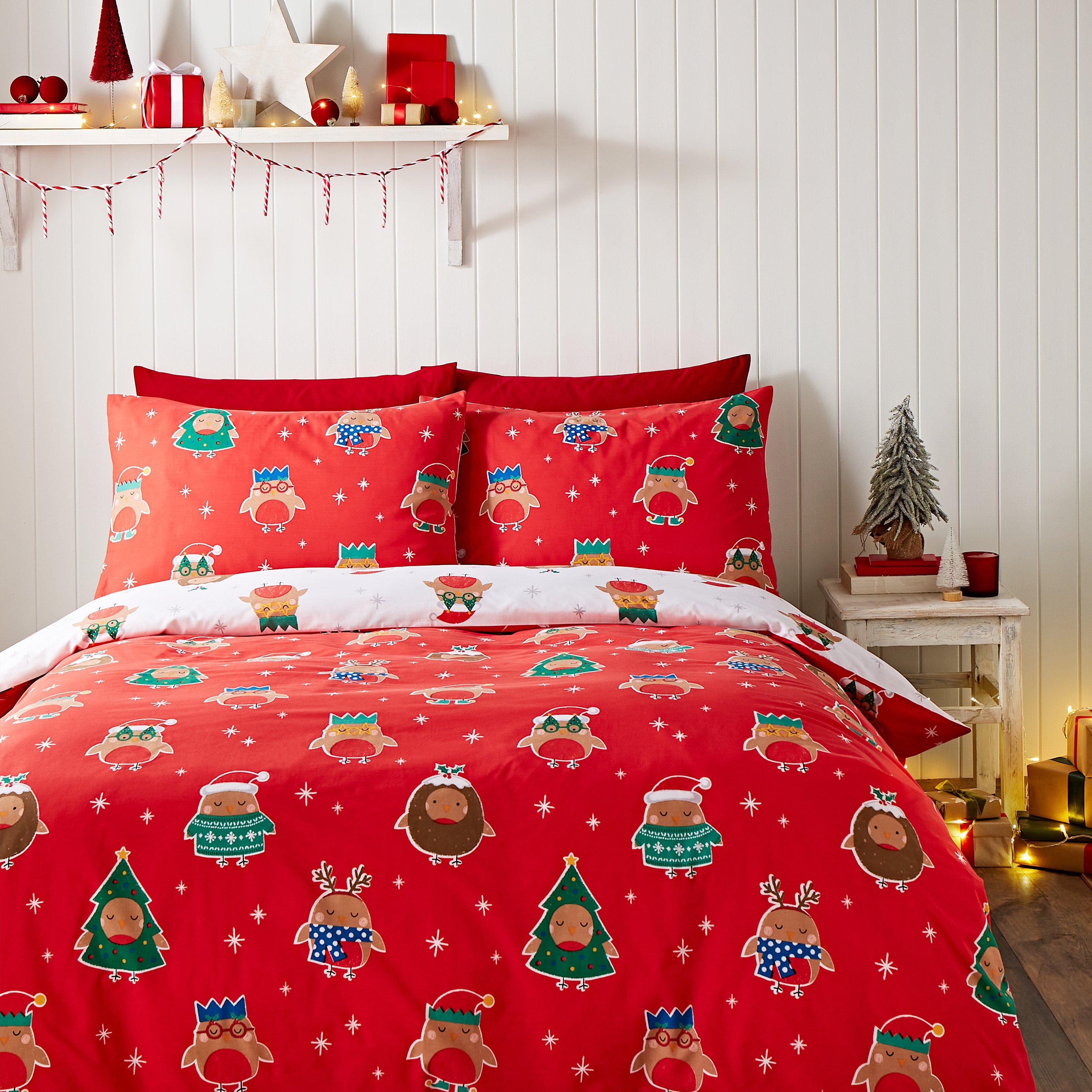 White - Catherine Lansfield - Christmas Party Robins Reversible Duvet Cover Set - 2