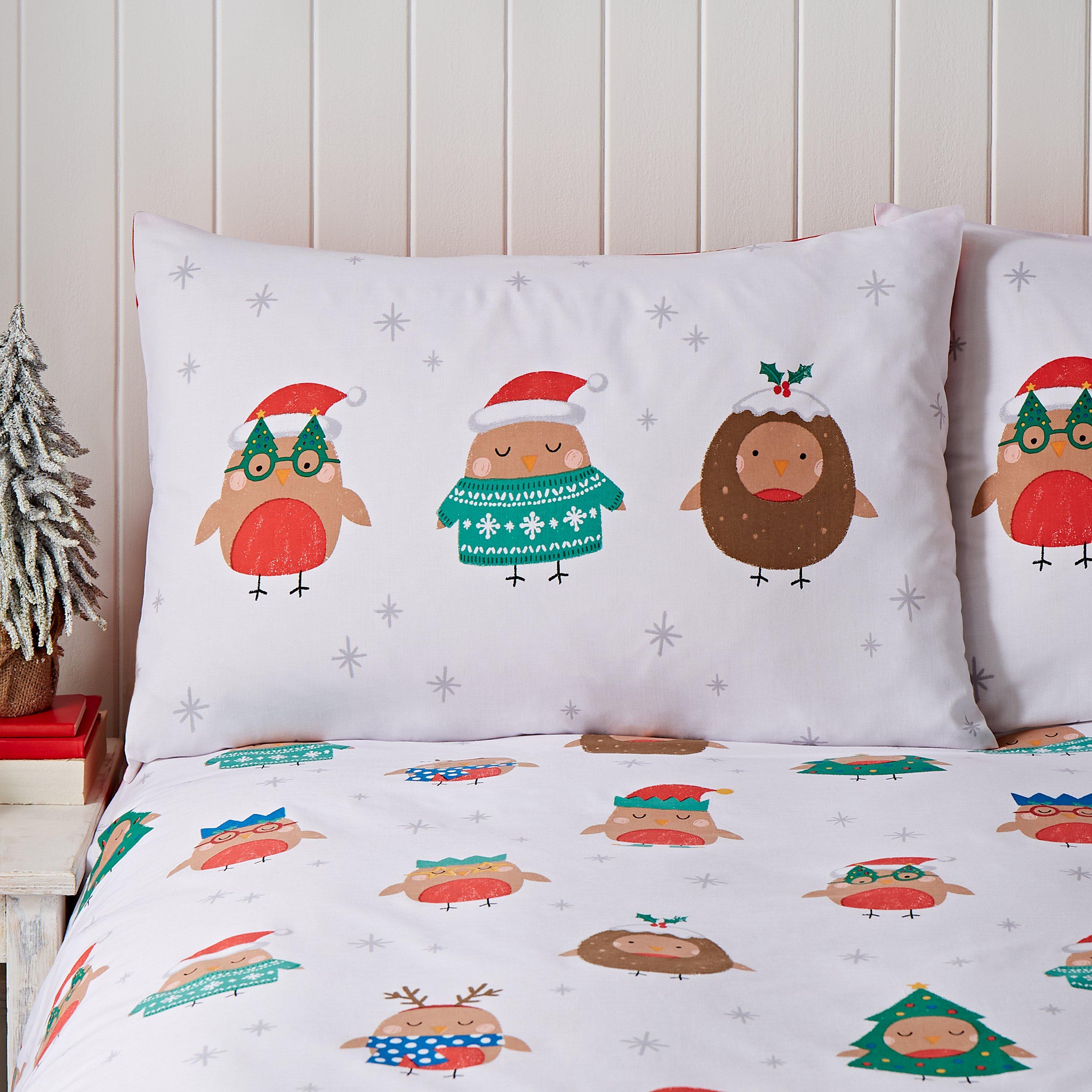 White - Catherine Lansfield - Christmas Party Robins Reversible Duvet Cover Set - 3