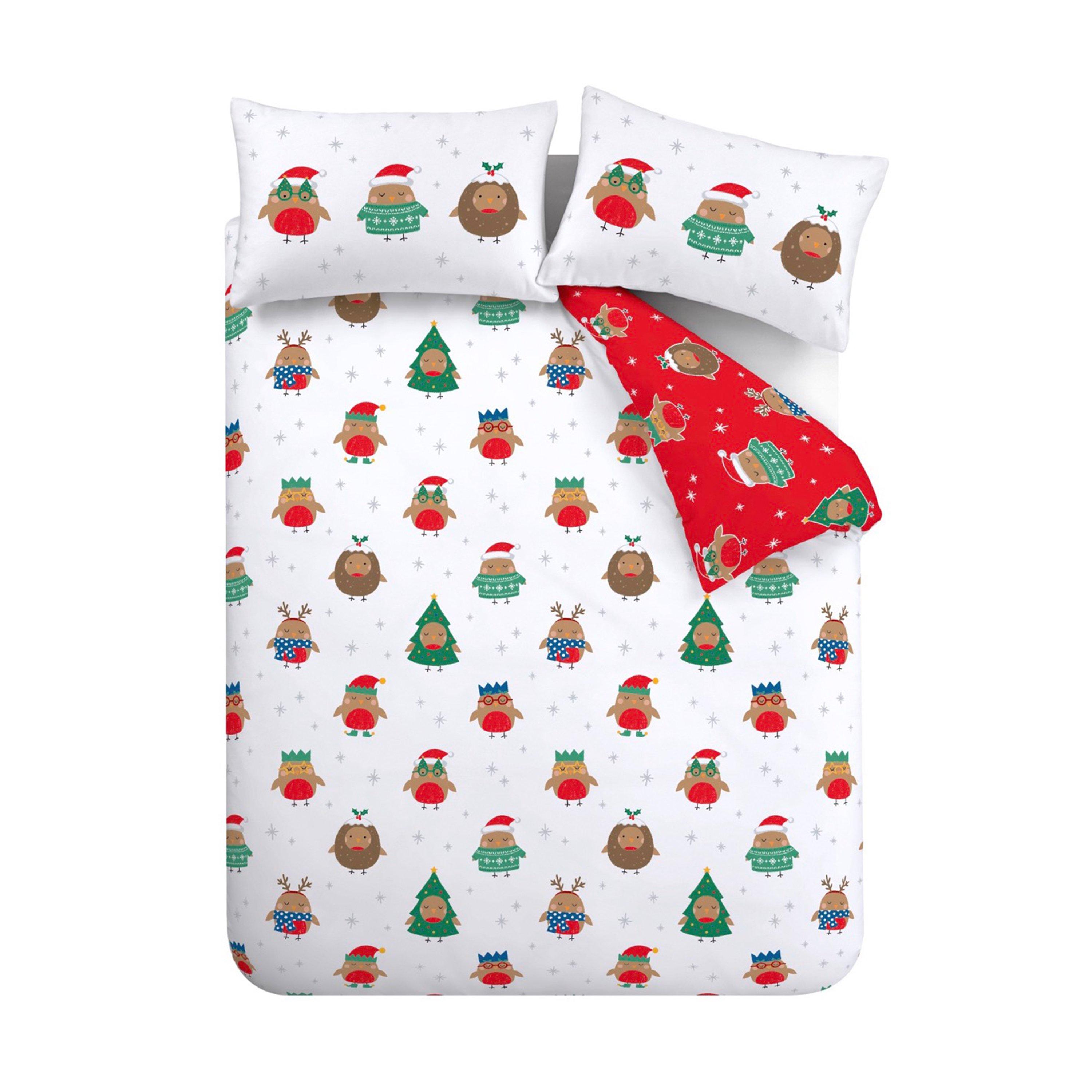 White - Catherine Lansfield - Christmas Party Robins Reversible Duvet Cover Set - 5