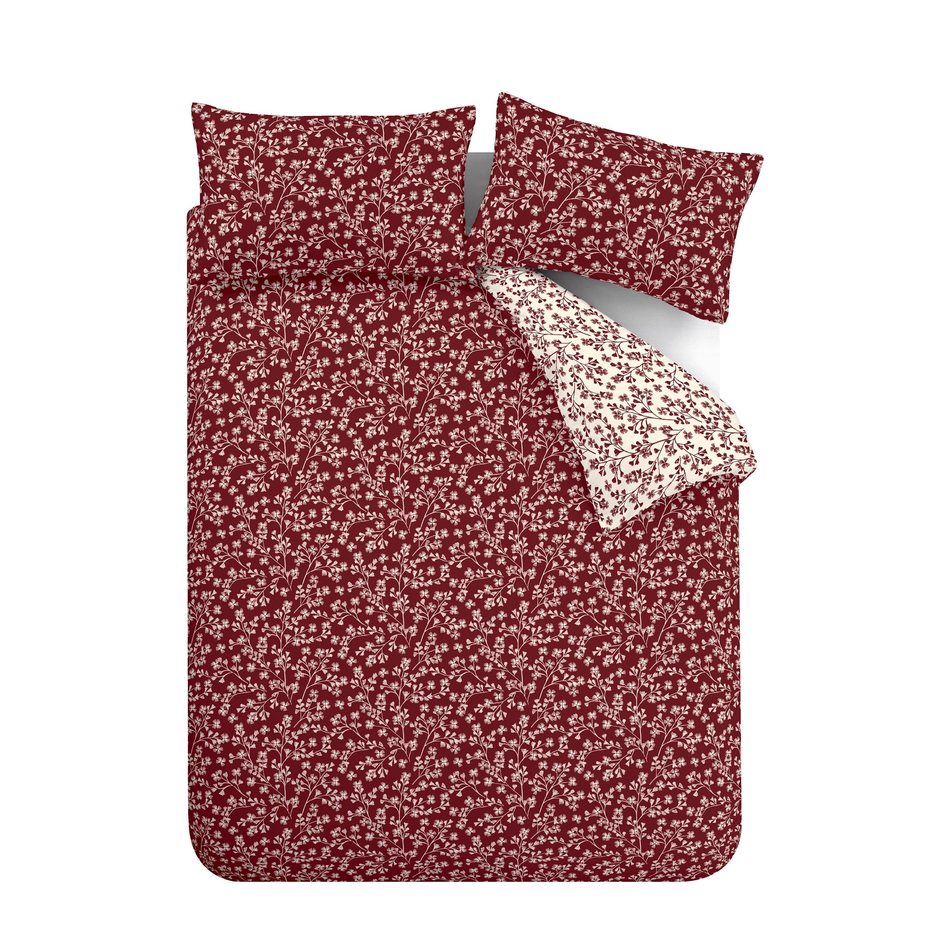 Red - Catherine Lansfield - Brushed Grace Floral Leaf Cotton Duvet Cover Set - 5