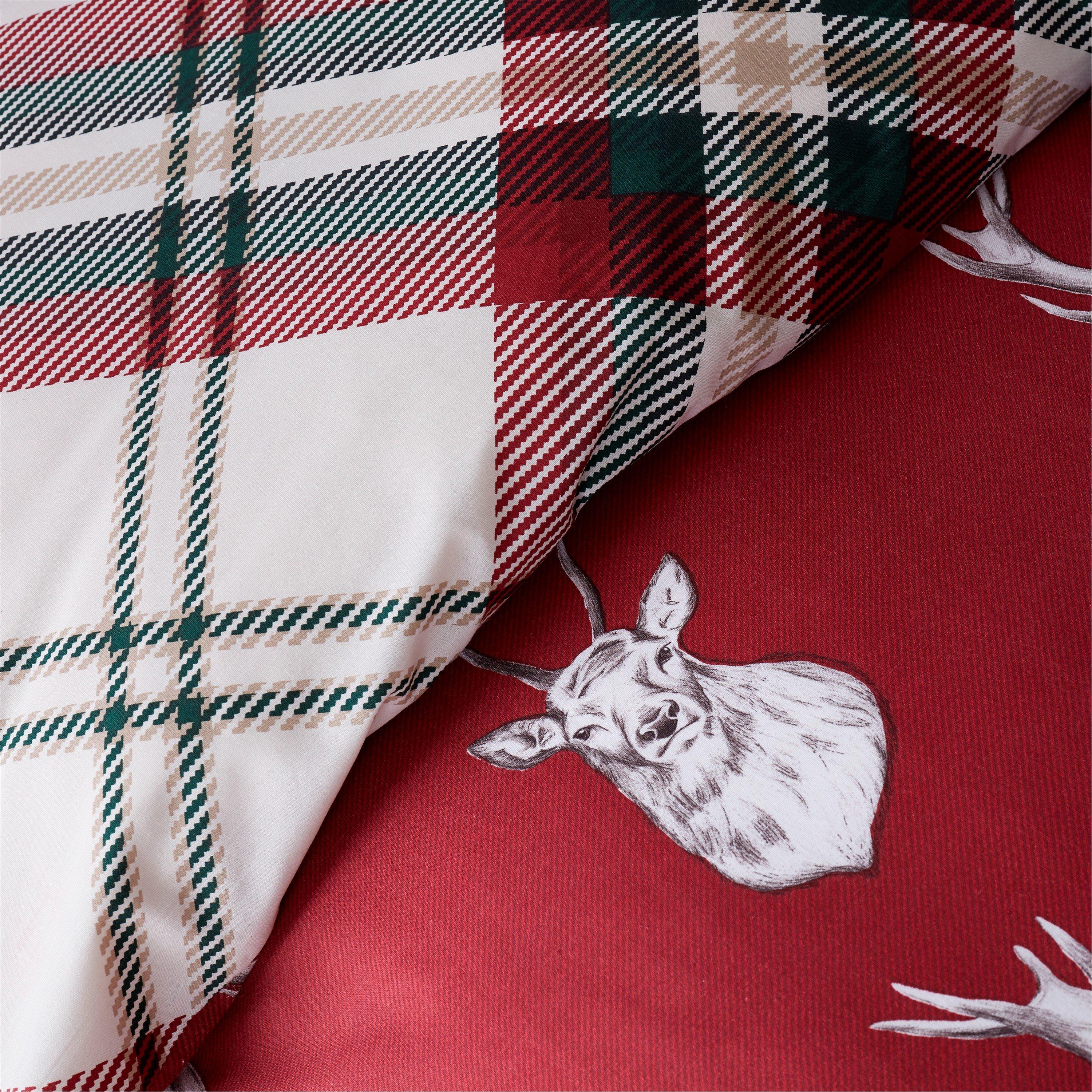Red - Catherine Lansfield - Munro Stag Check Reversible Duvet Cover Set - 4
