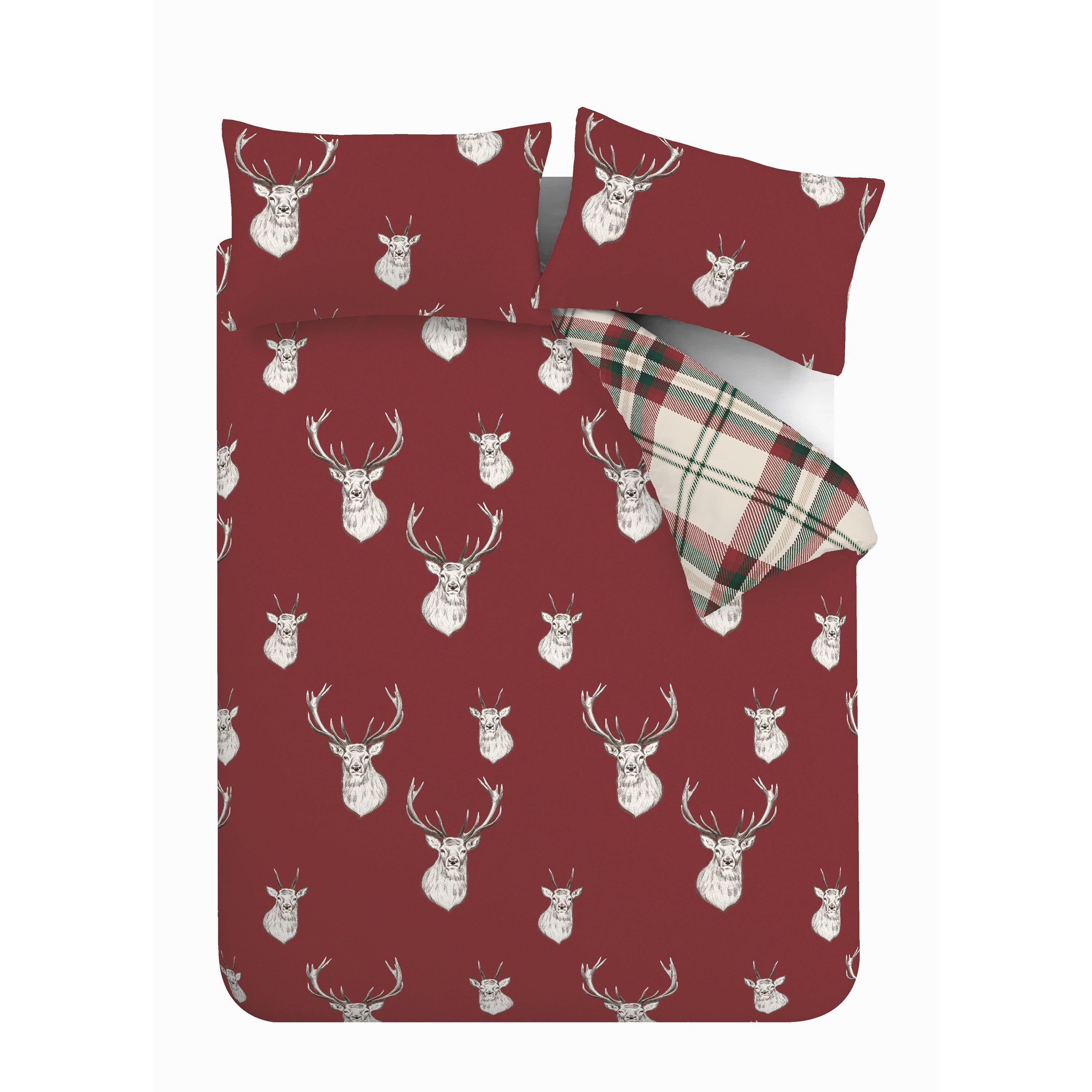 Red - Catherine Lansfield - Munro Stag Check Reversible Duvet Cover Set - 5