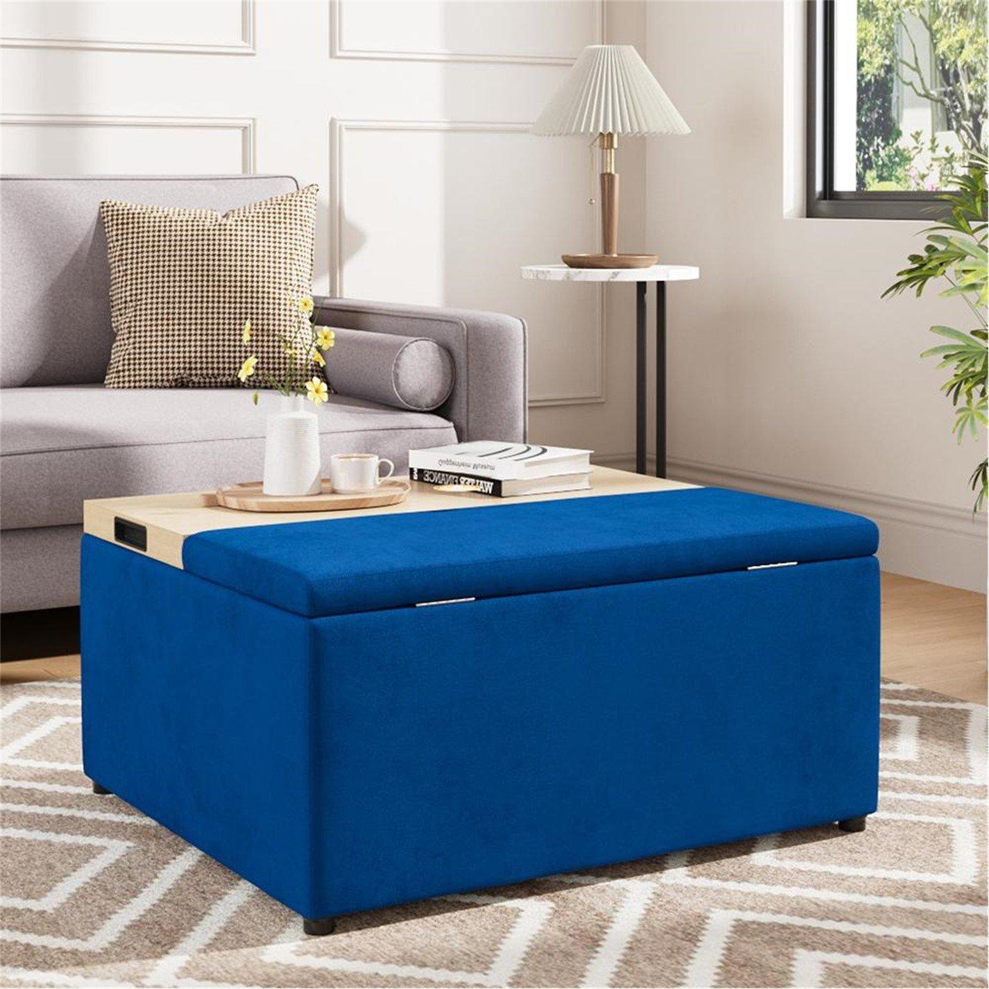 Blue - Kabinet UK - Velvet Upholstered Storage Ottoman Stool - 1