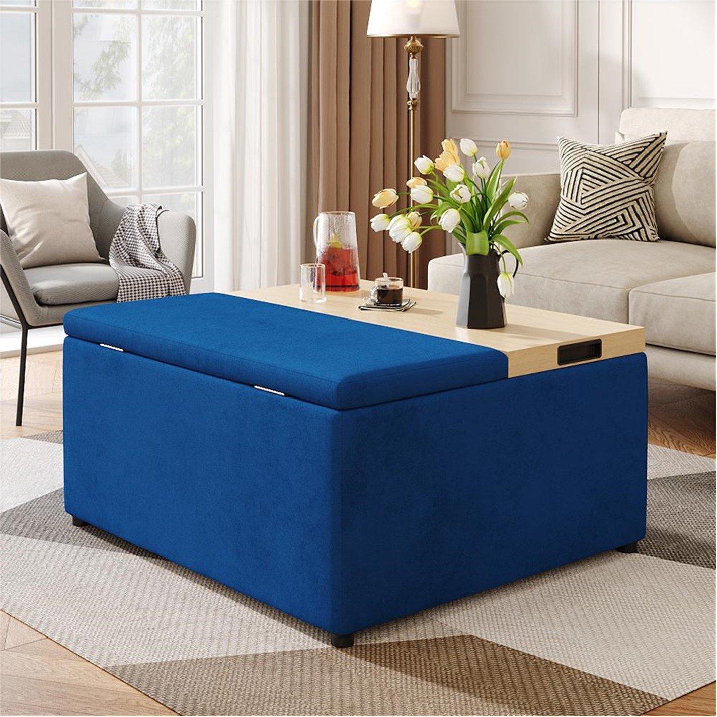 Blue - Kabinet UK - Velvet Upholstered Storage Ottoman Stool - 2