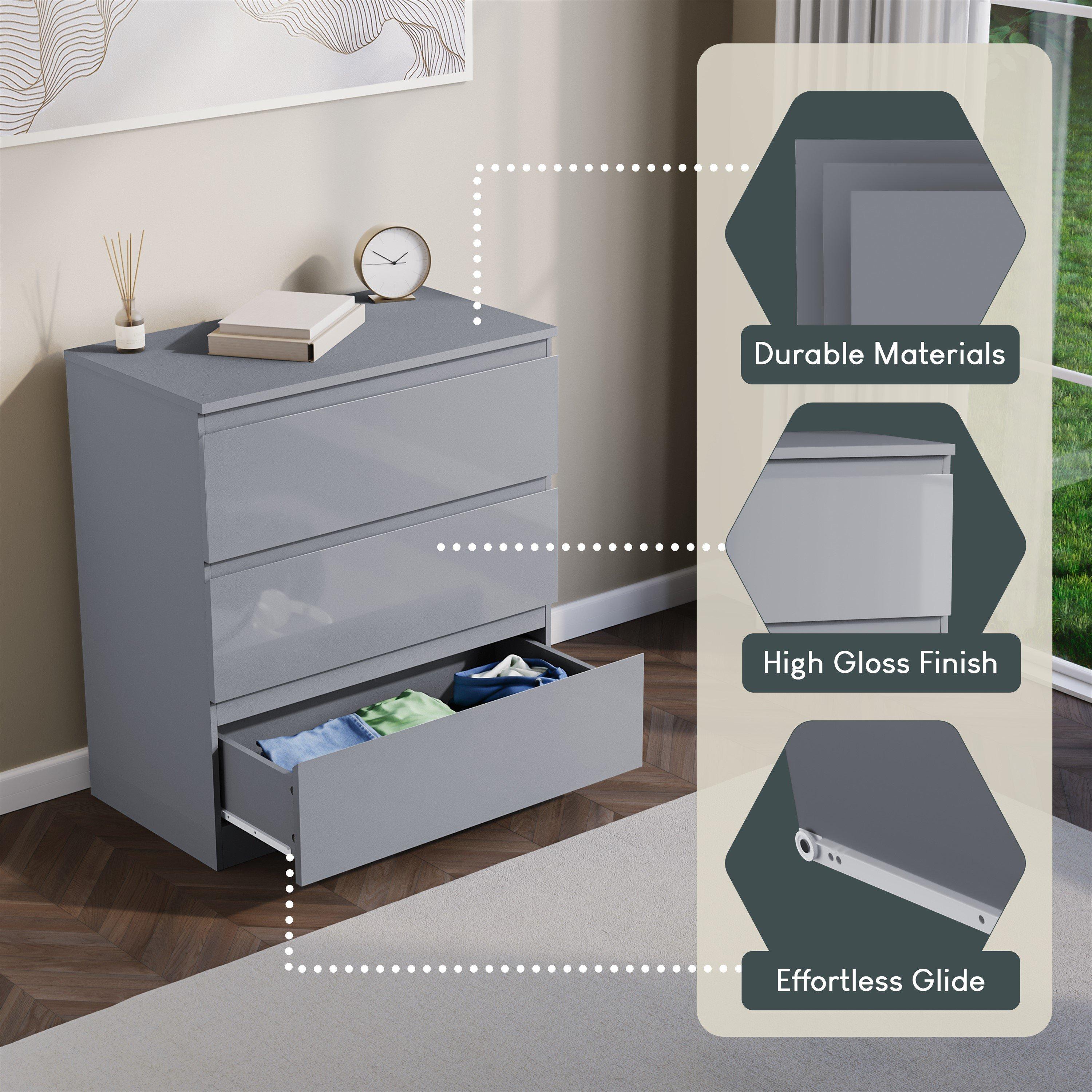 Grey - Lassic - Glinton 3 Drawer Chest High Gloss - 6