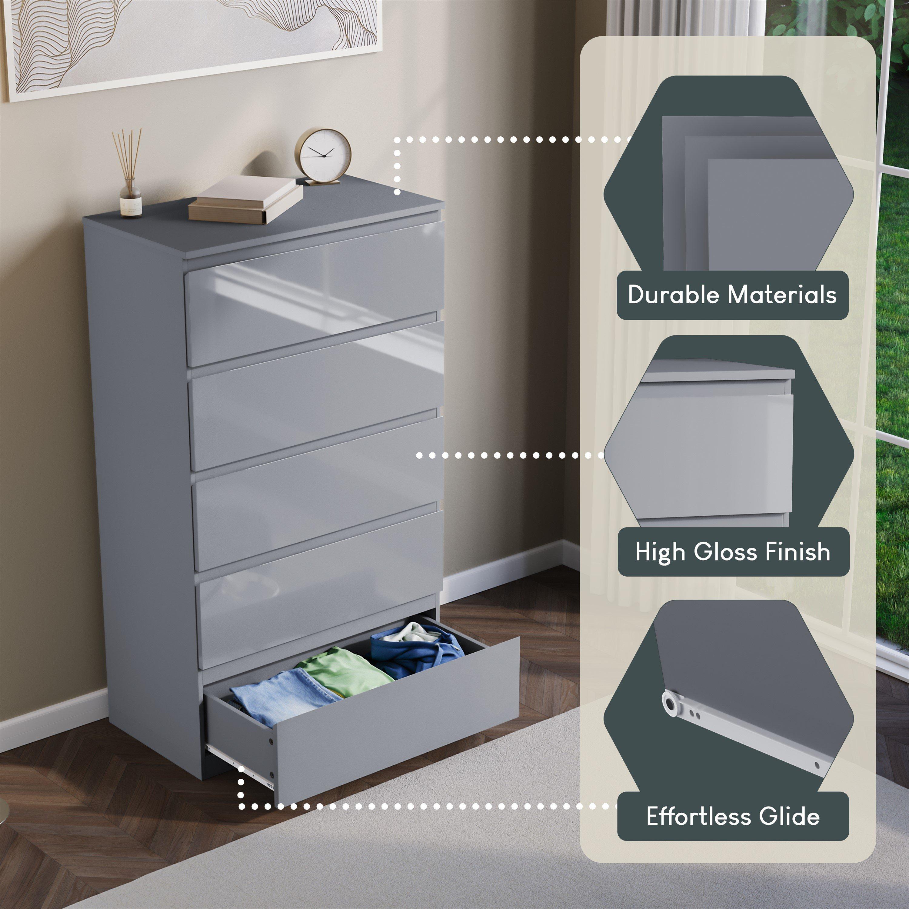 Grey - Lassic - Glinton High Gloss 5 Drawer Chest - 6