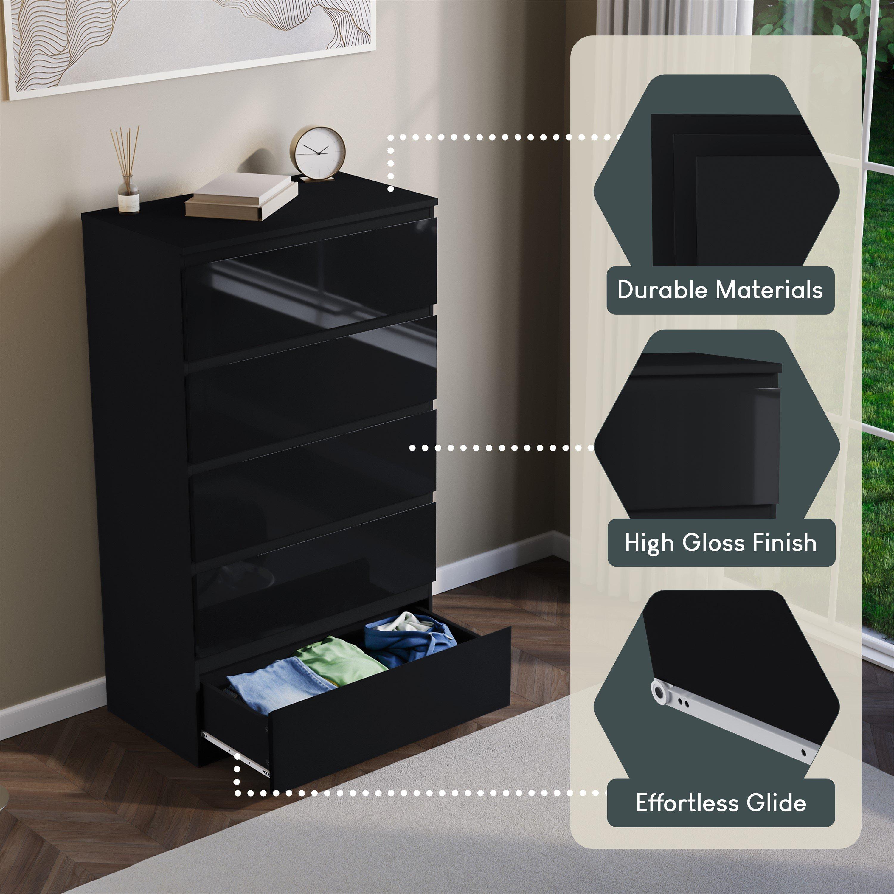 Black - Lassic - Glinton High Gloss 5 Drawer Chest - 6