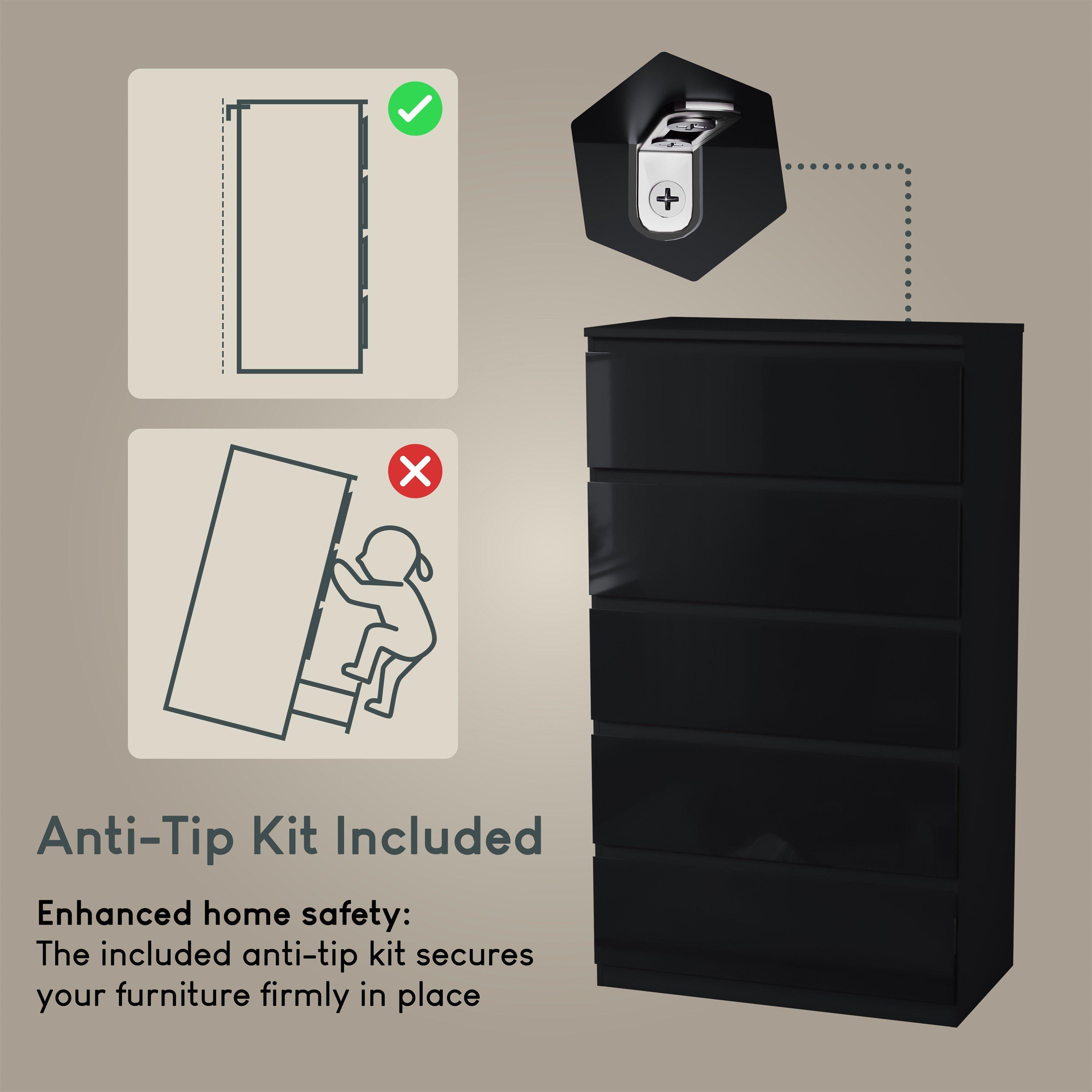 Black - Lassic - Glinton High Gloss 5 Drawer Chest - 7