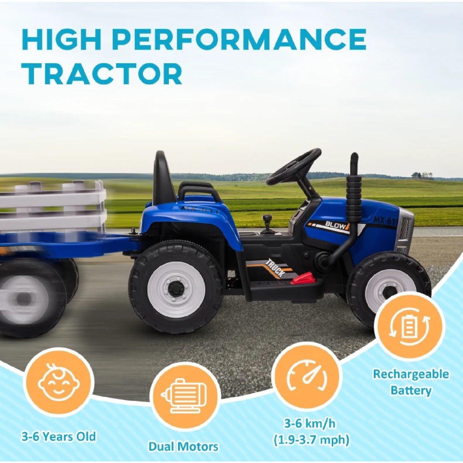 Blue - HOMCOM - Battery Ride On Tractor With Trailer - 8
