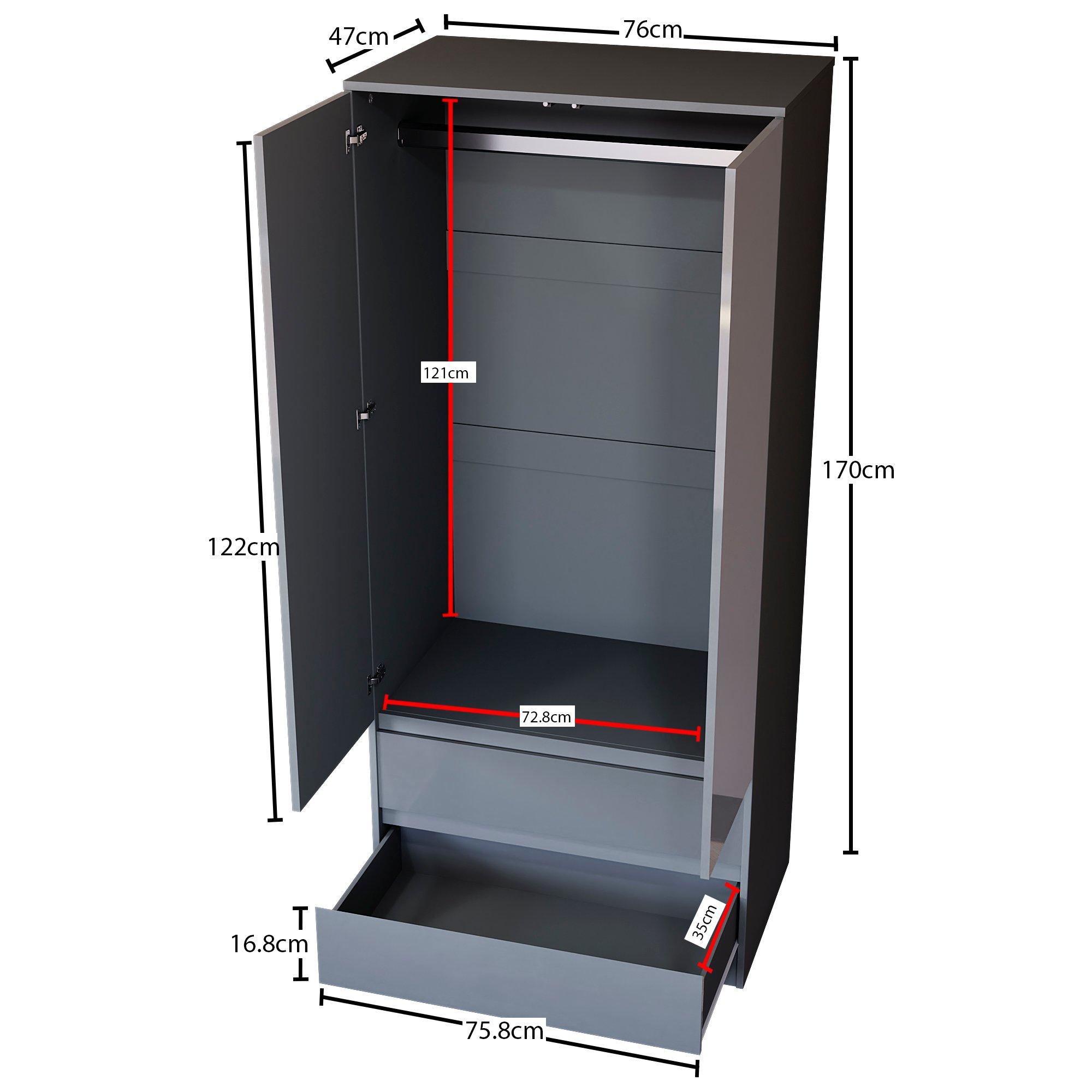 Grey - Lassic - Glinton High Gloss 2 Door 2 Drawer Wardrobe - 2