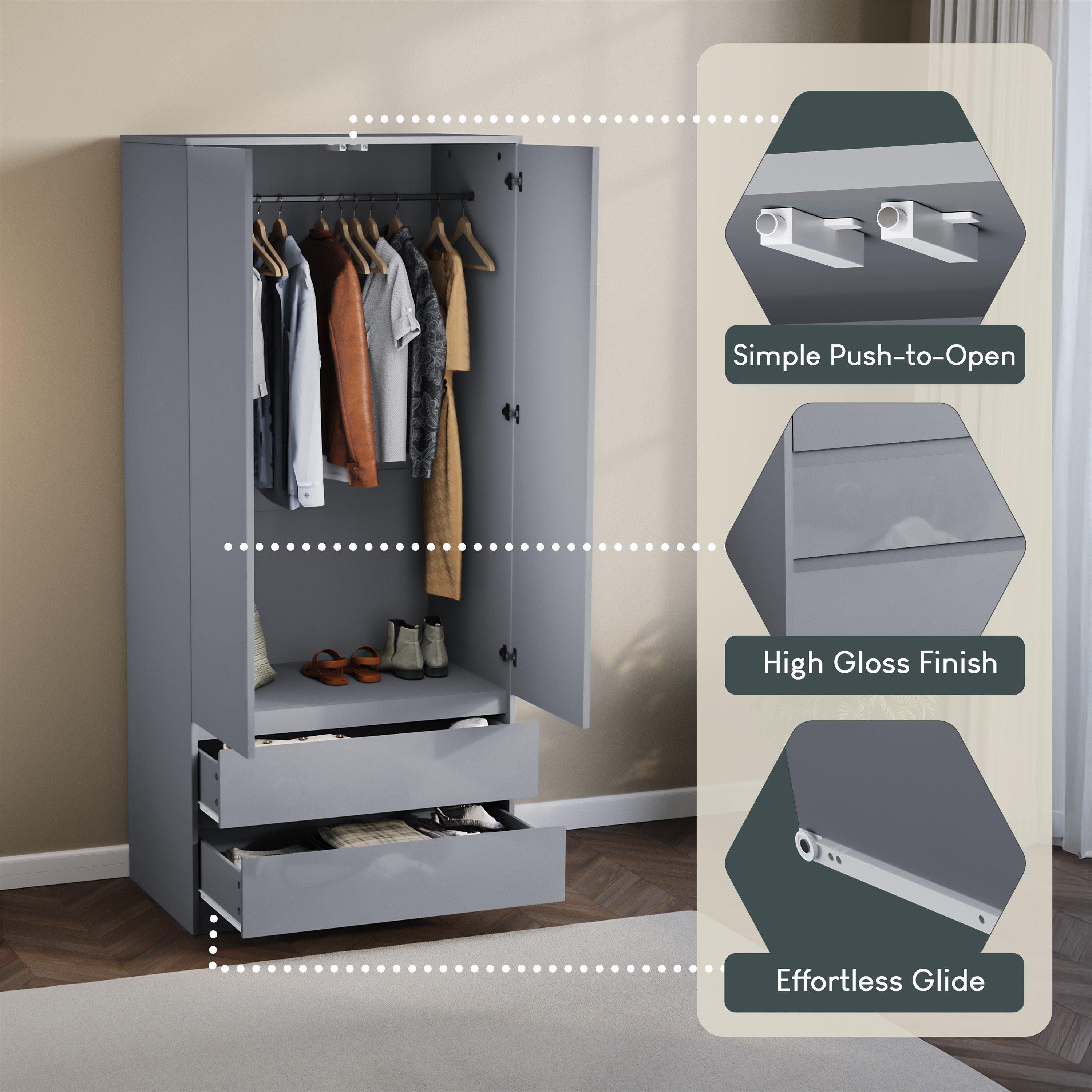 Grey - Lassic - Glinton High Gloss 2 Door 2 Drawer Wardrobe - 7